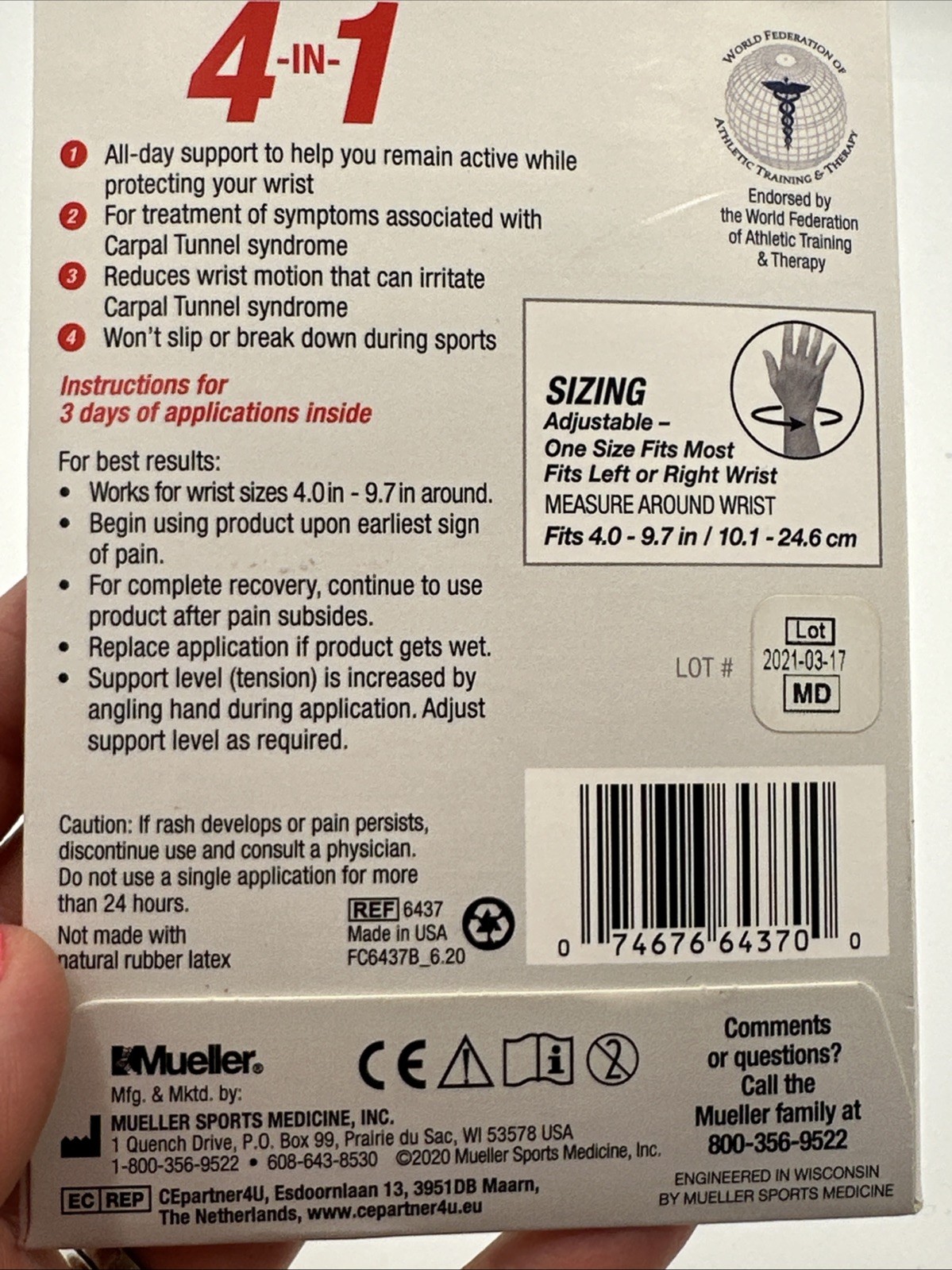 Mueller Carpal Tunnel Pain Relief System: 3 applications / fits 4 in. to 9.75 in