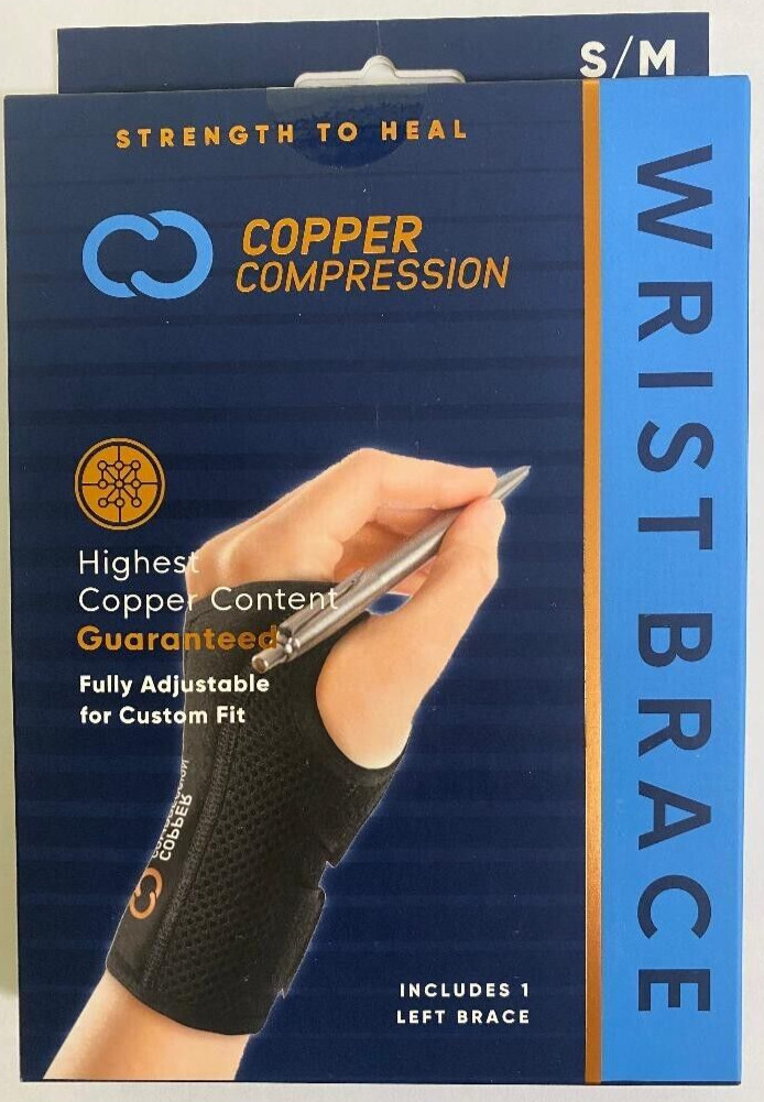 (NEW) Copper Compression Wrist Brace Fits Left Hand S/M