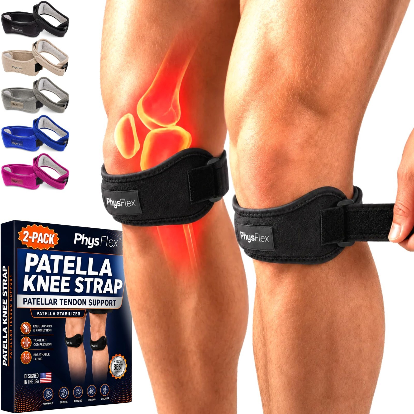 2 Pack Adjustable Knee Brace Support Strap for Pain Relief | Jumper’s Knee, Tend