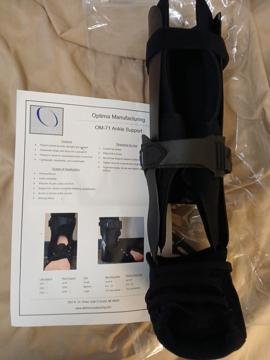 Optima OM-71 Ankle Support Brace SMALL Adult, LEFT Foot (1pc.) Unisex Universal