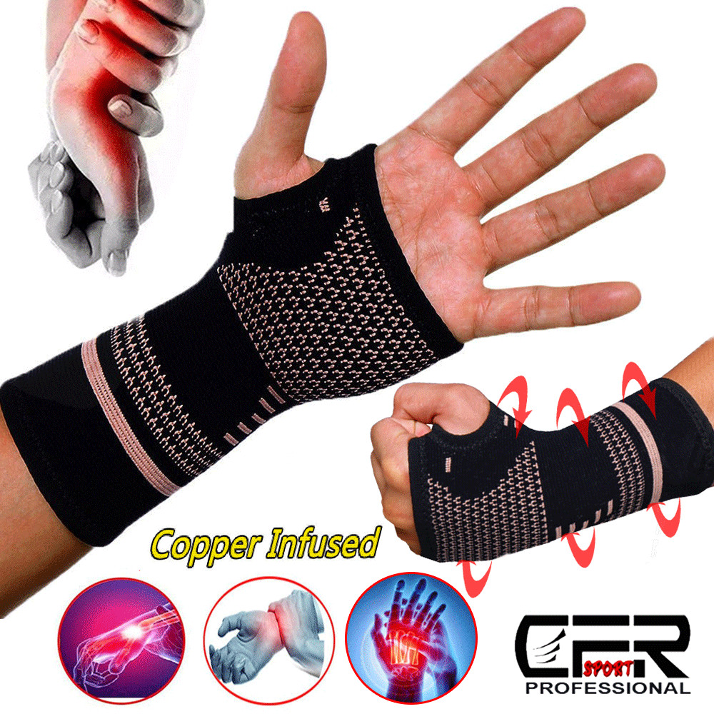 Compression Copper Wrist Hand Brace Carpal Tunnel Support Arthritis Sprain Pain