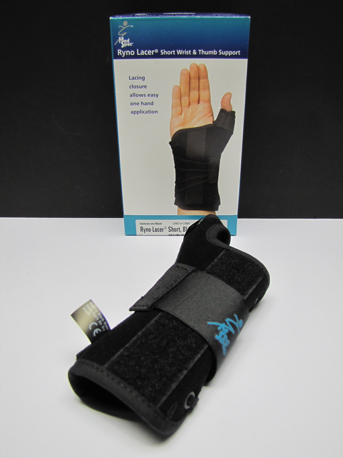 Med Spec Ryno Lacer Wrist Sprain T-Spica Support Brace Short Black Right X-Small