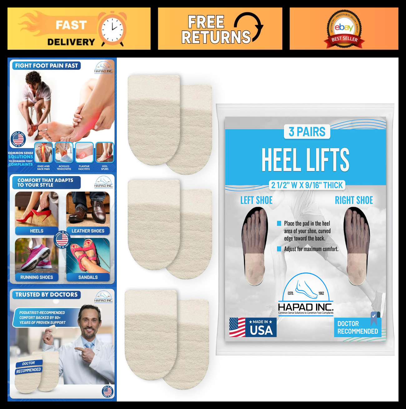 Heel Lifts for Men & Women – 9/16″ Height, 2.5″ Width (Pack of 3) – Supportive S