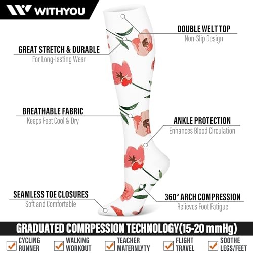 3 Pairs Compression Socks for Women & Men Large-X-Large 11 White/Flower/White