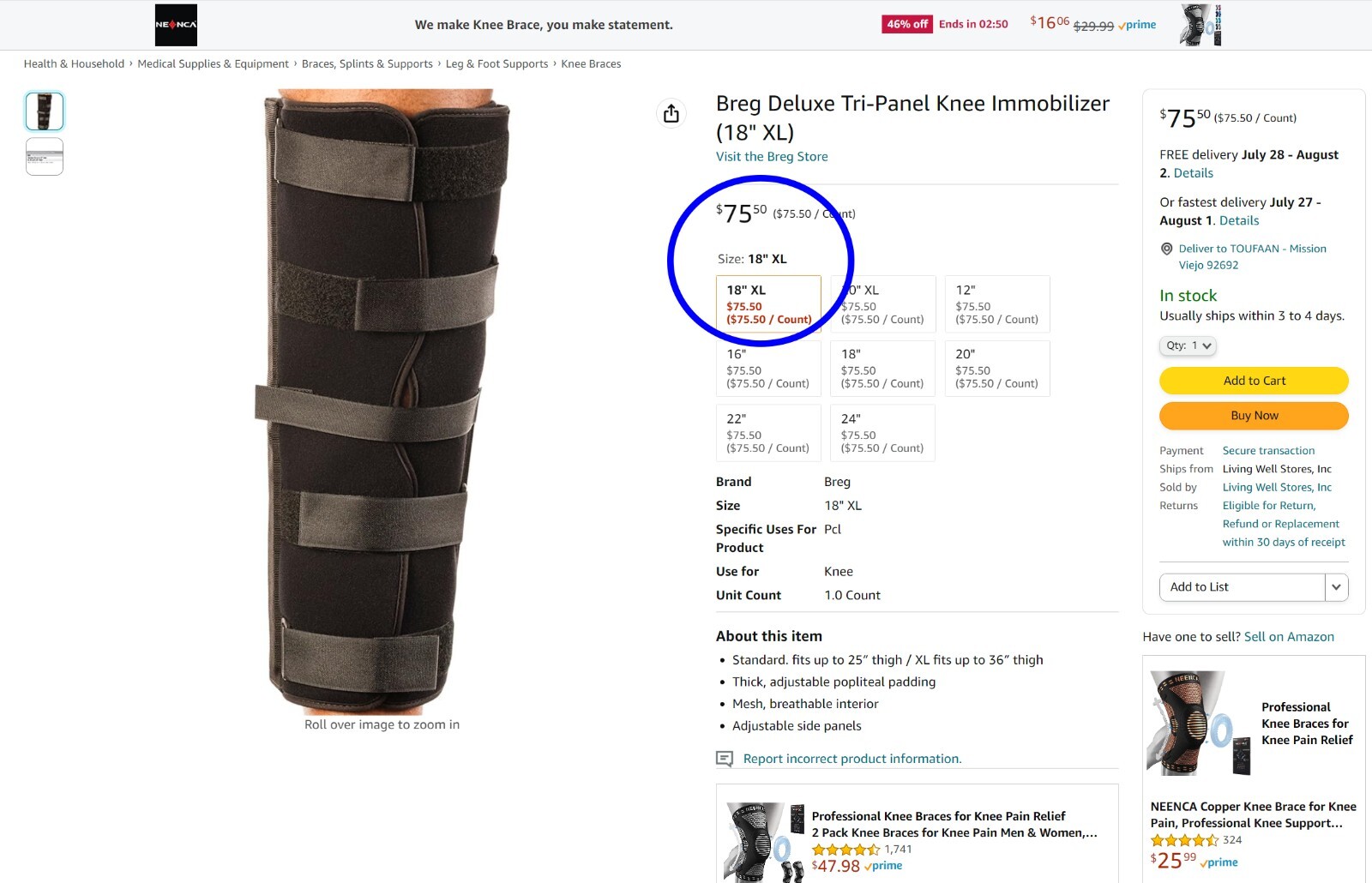 Breg Deluxe Tri-Panel Knee Immobilizer 18″ XL up to 36″ thigh Retails $75+ NEW