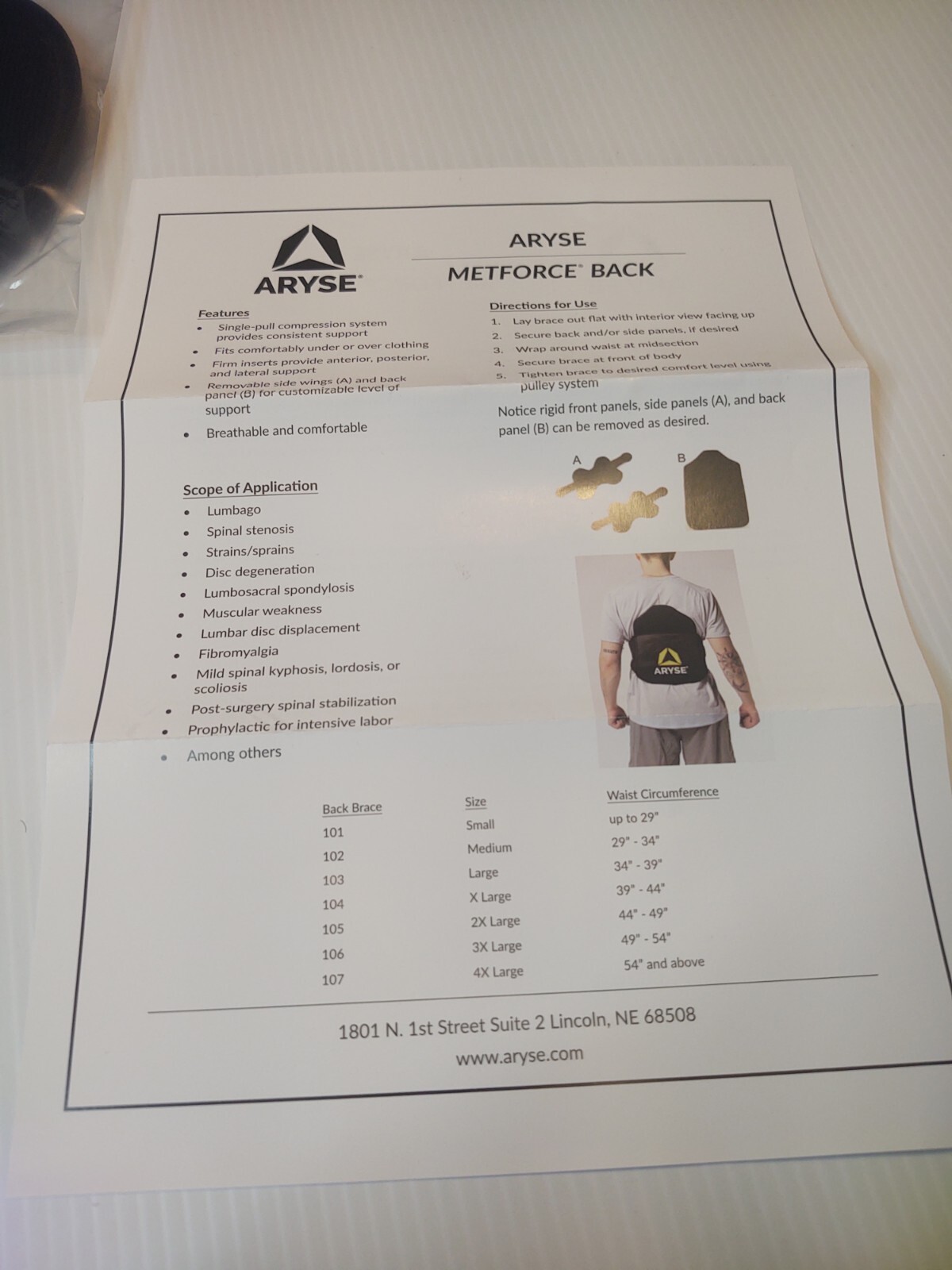 Aryse Metforce Back Brace AY-37 50-105 Compression Support System 2X LARGE New