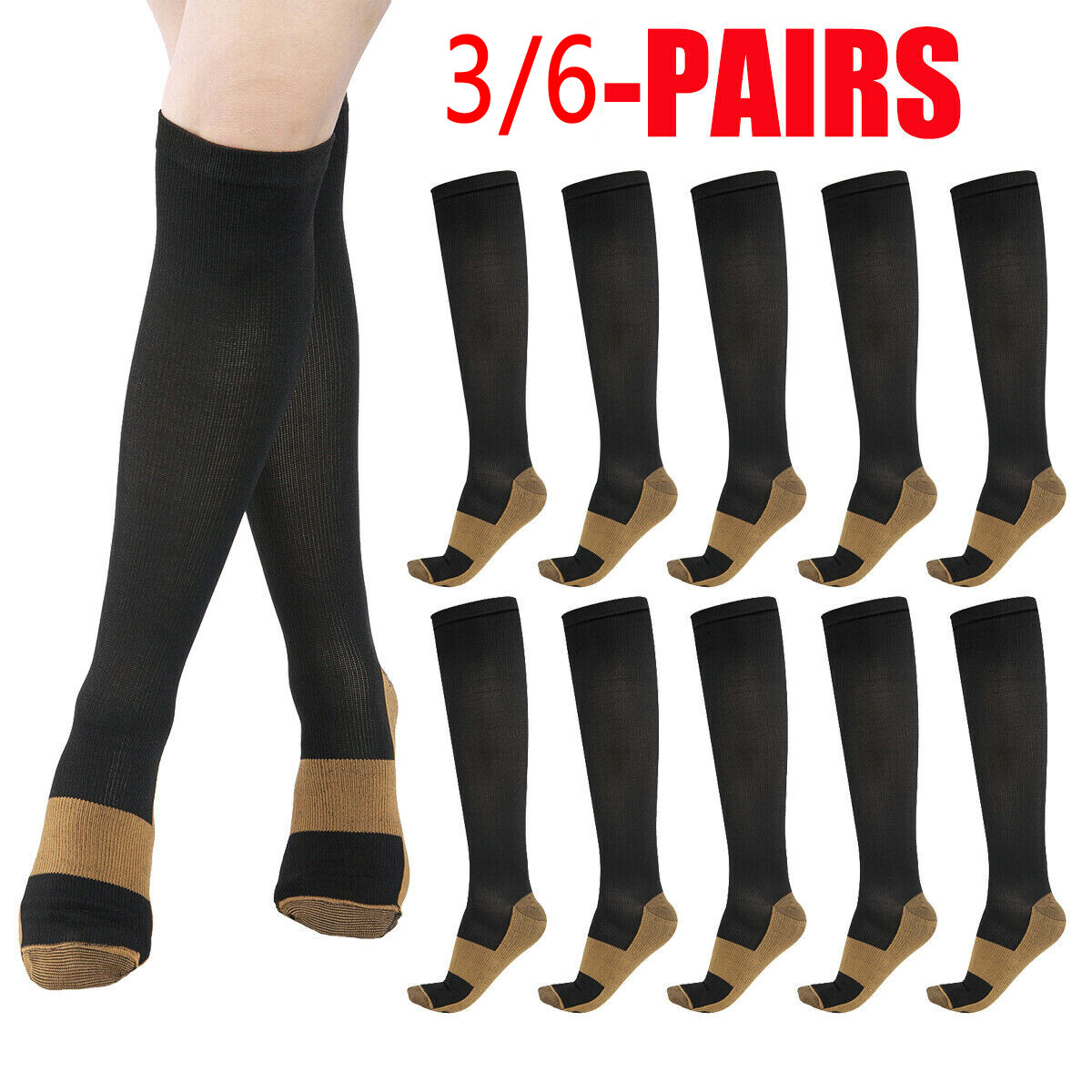 6 Pairs Compression Socks 20-30mmHG Diabetic Socks For Womens Knee High Socks.