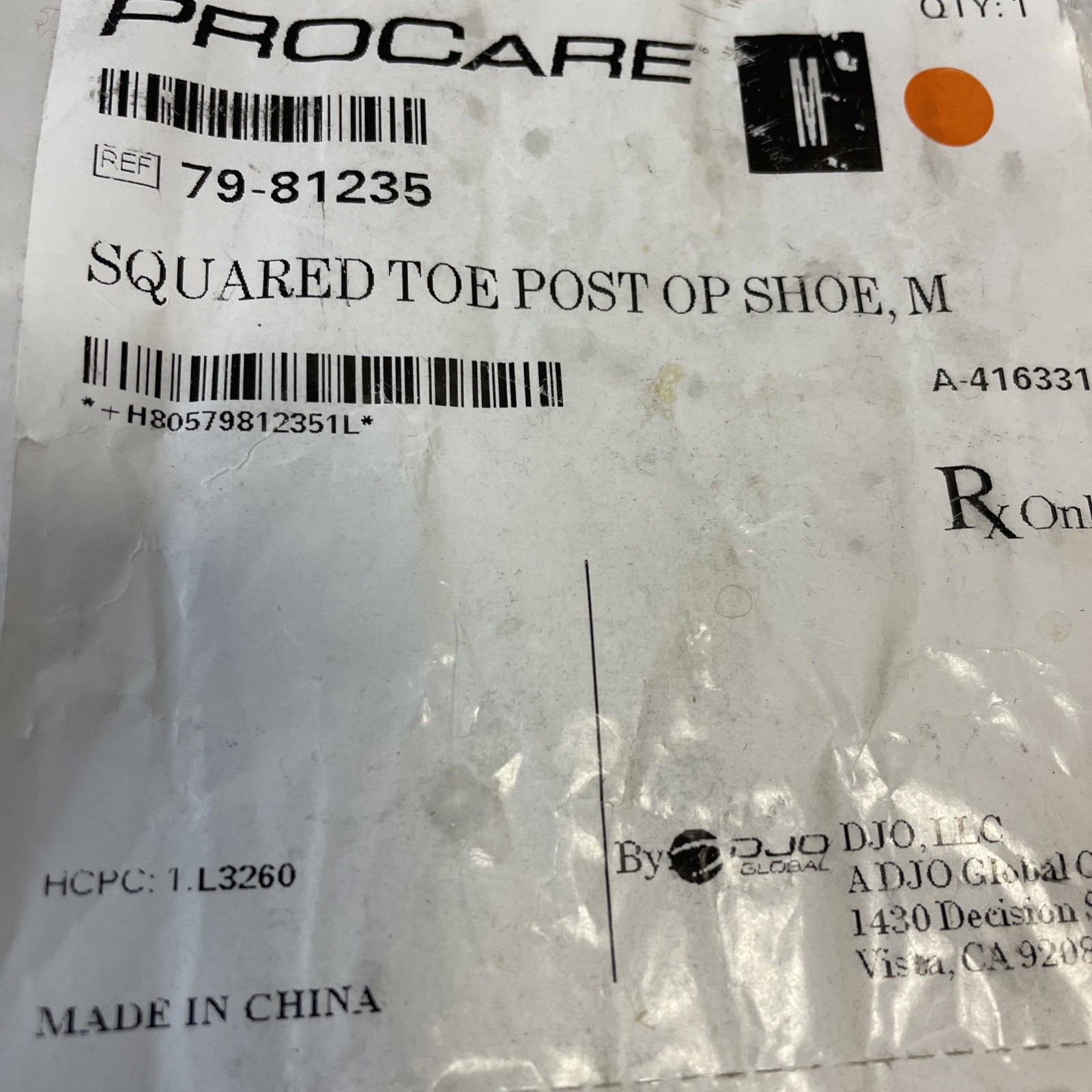 PROCARE Squared Toe Post Op Shoe, SIZE M