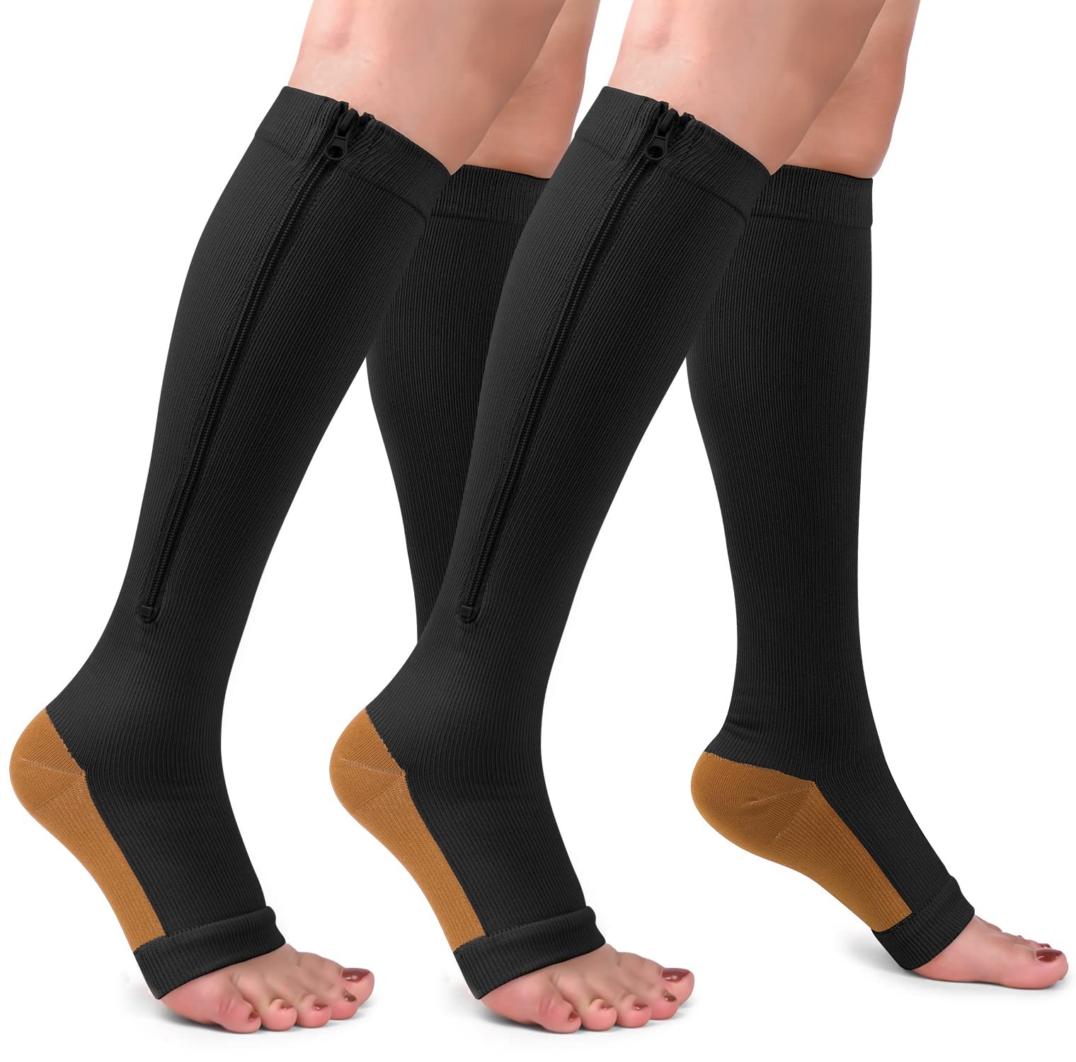 2 Pairs Copper Zipper Compression Socks, 15-20mmgh, Open Toe, Stocking