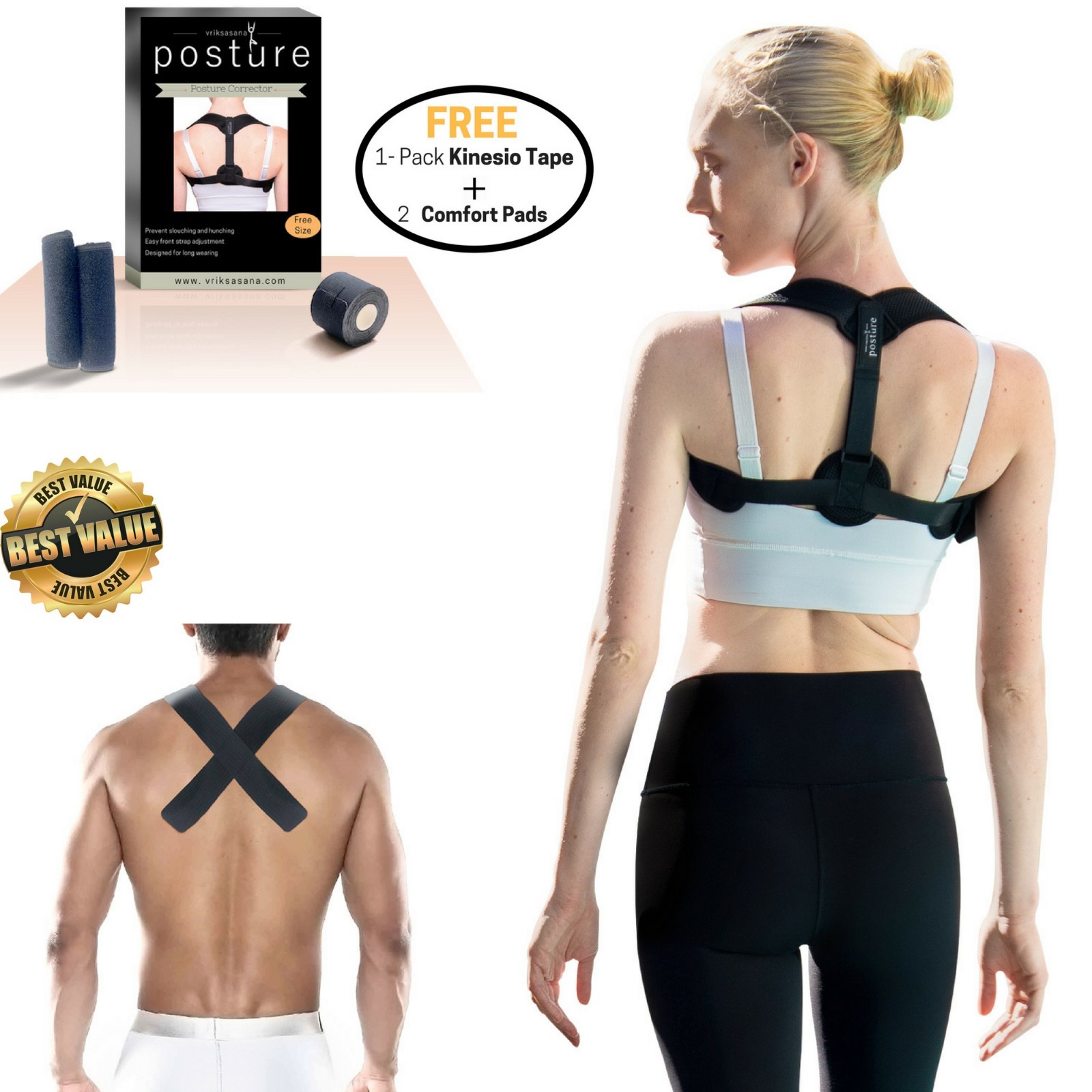 Vriksasana Posture Corrector with 2″ Kinesiology Tape