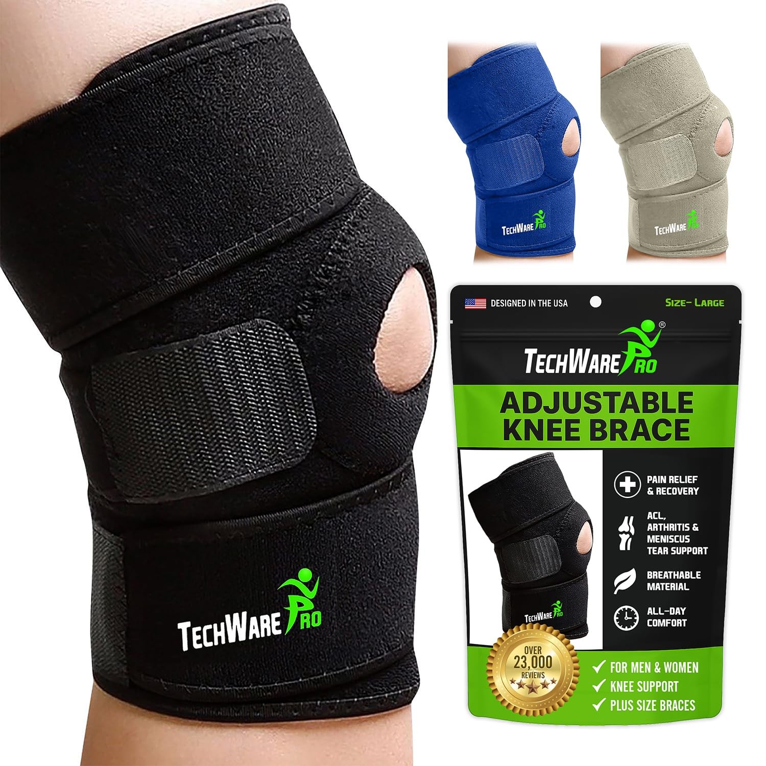 TechWare Pro Knee Brace Support-Knee Braces for Pain. Relieves ACL, LCL, MCL,