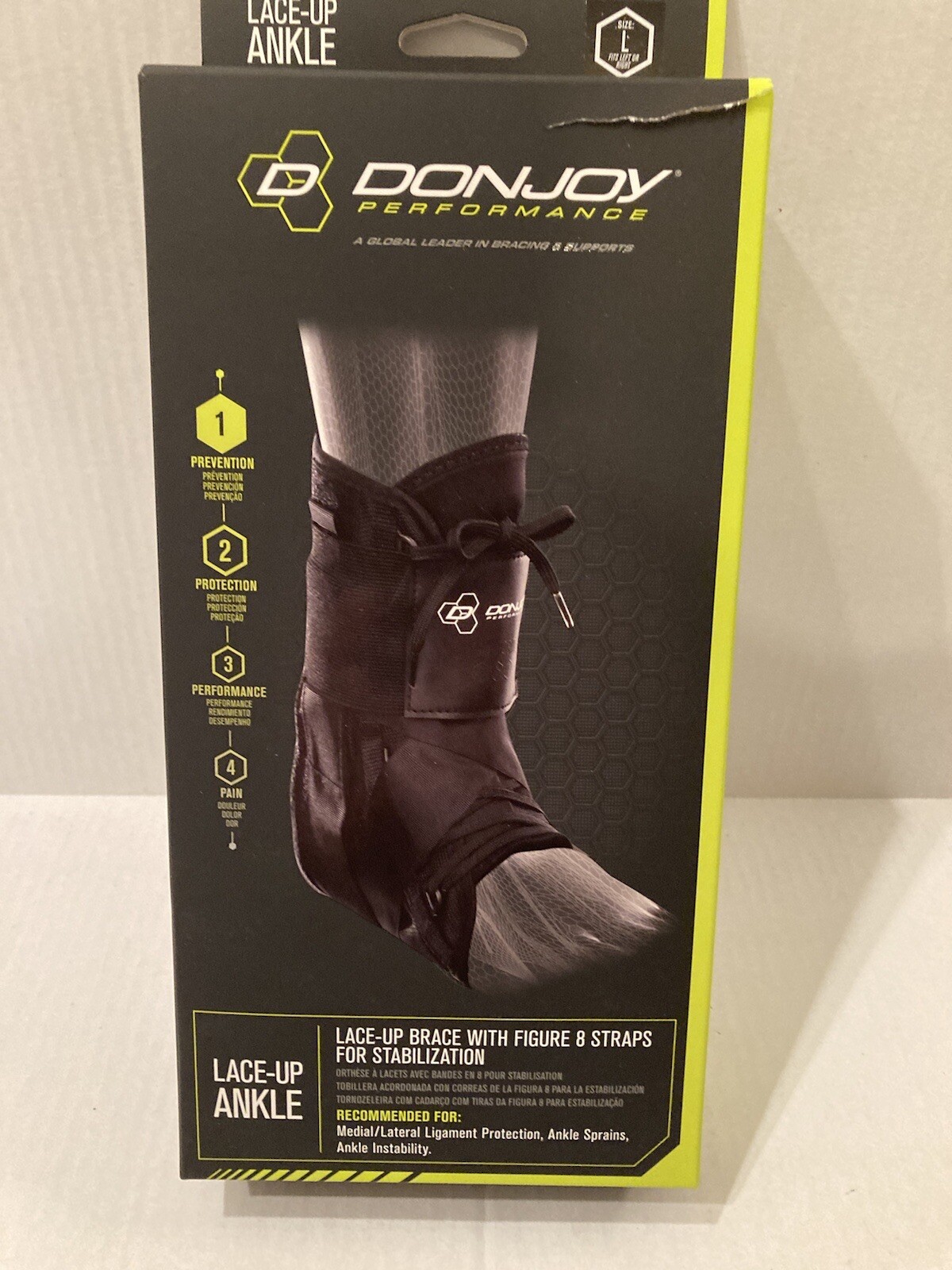 Opened Box DonJoy Performance Lace-Up Ankle Brace L/Large Black Figure 8 straps