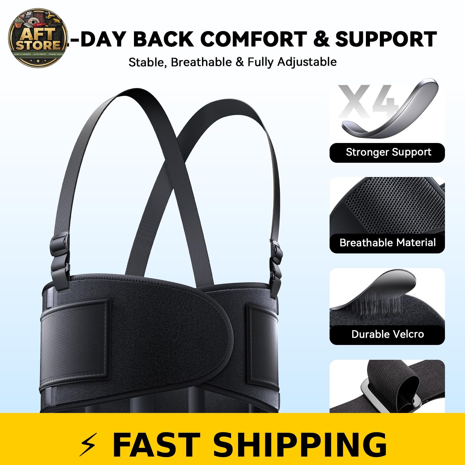 SOLOEVER Adjustable Work Back Brace for Men & Women – Black, Large