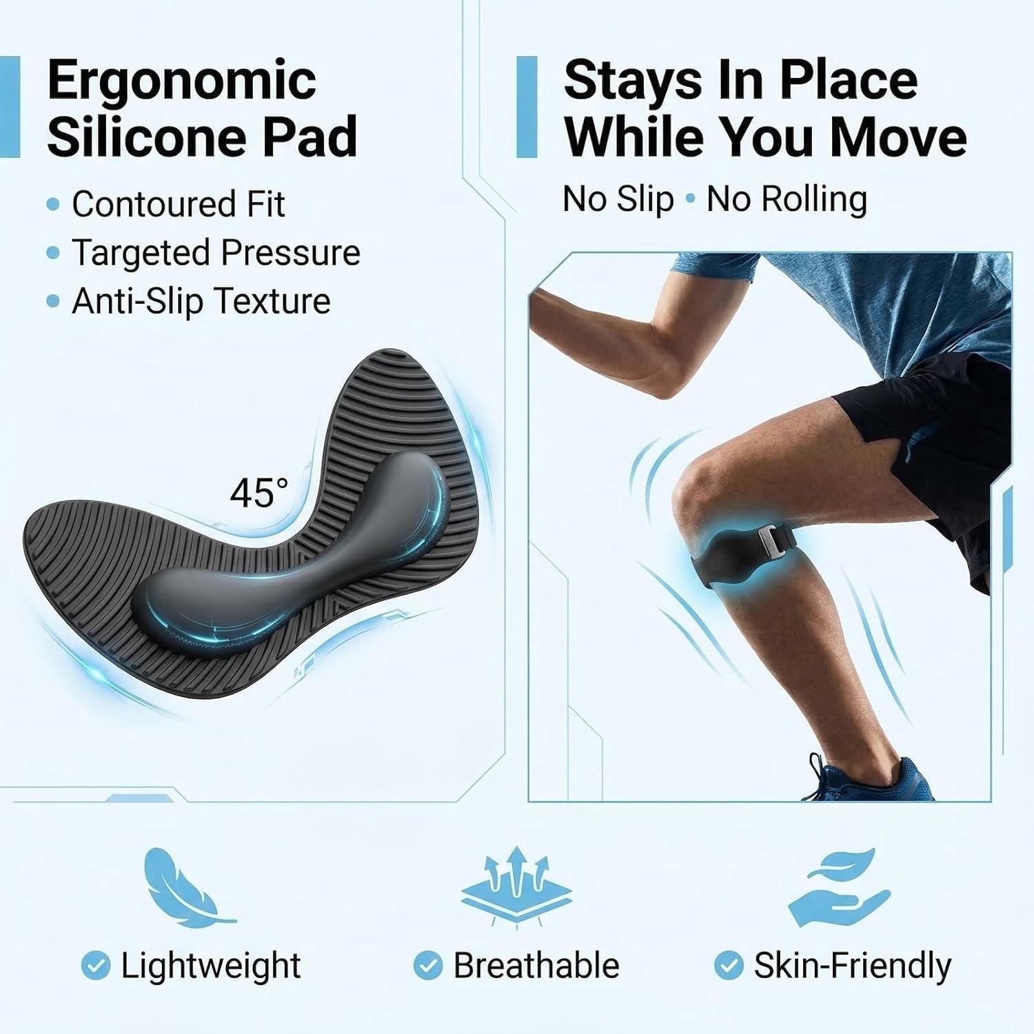 Lightweight Silicone Knee Strap – Non-Slip Support for Jumper’s Knee, 2 Count