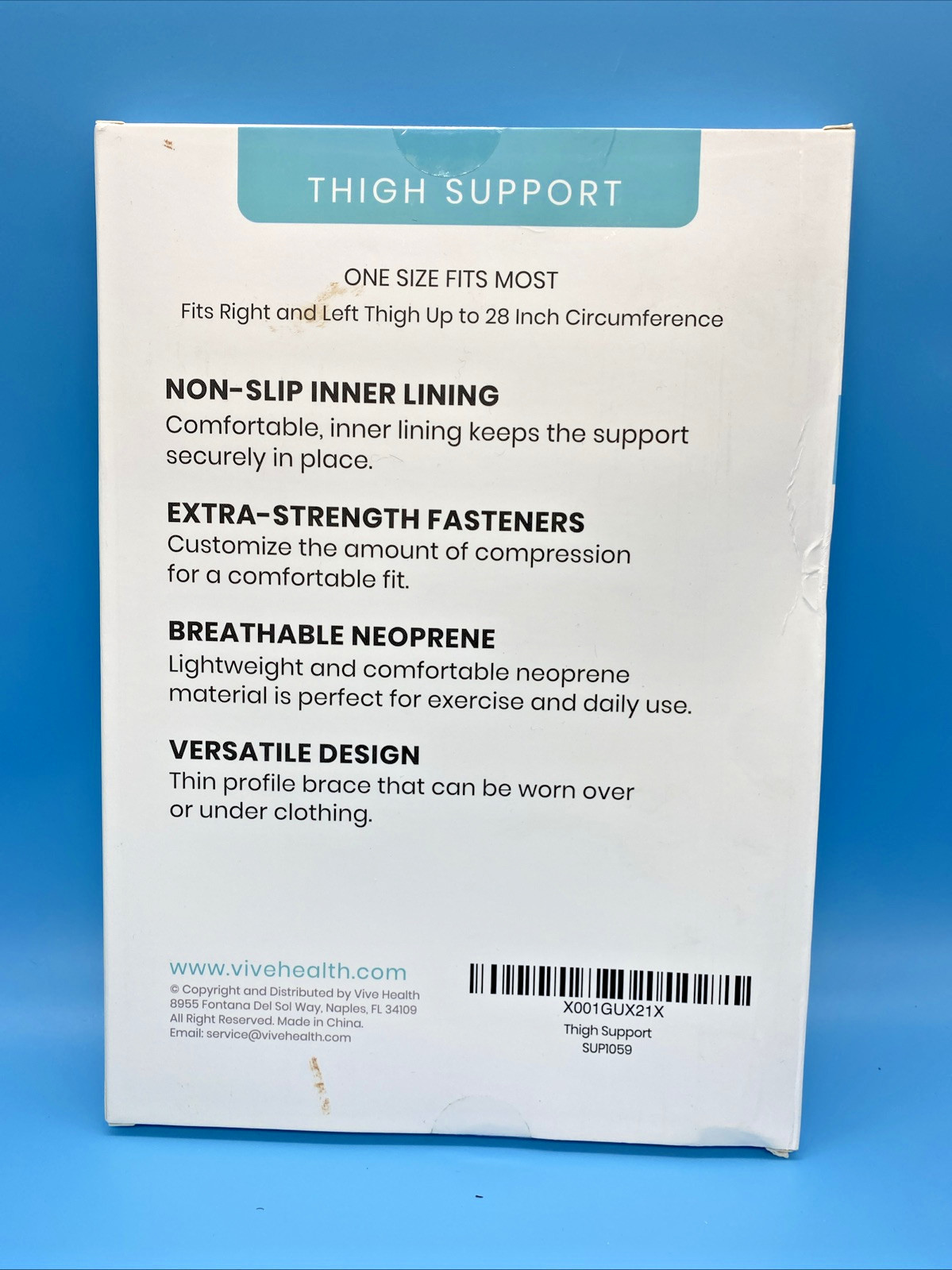 VIVE Thigh Support Breathable Neoprene Non-Slip One Size (R or L) 28″ Black NEW