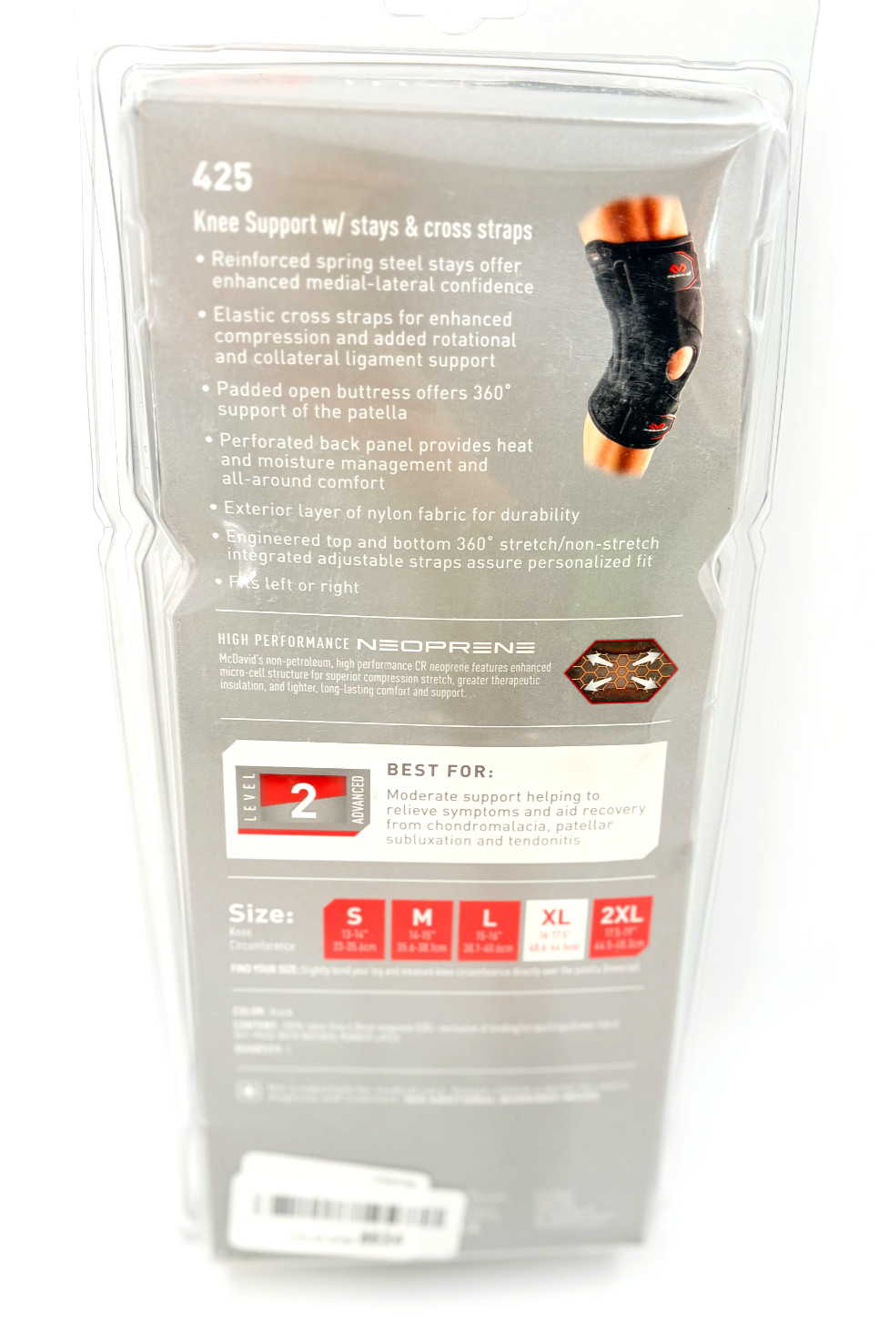 McDavid 425 Level 2 Knee Brace Support with Side Stays, Black, (Size: XL)