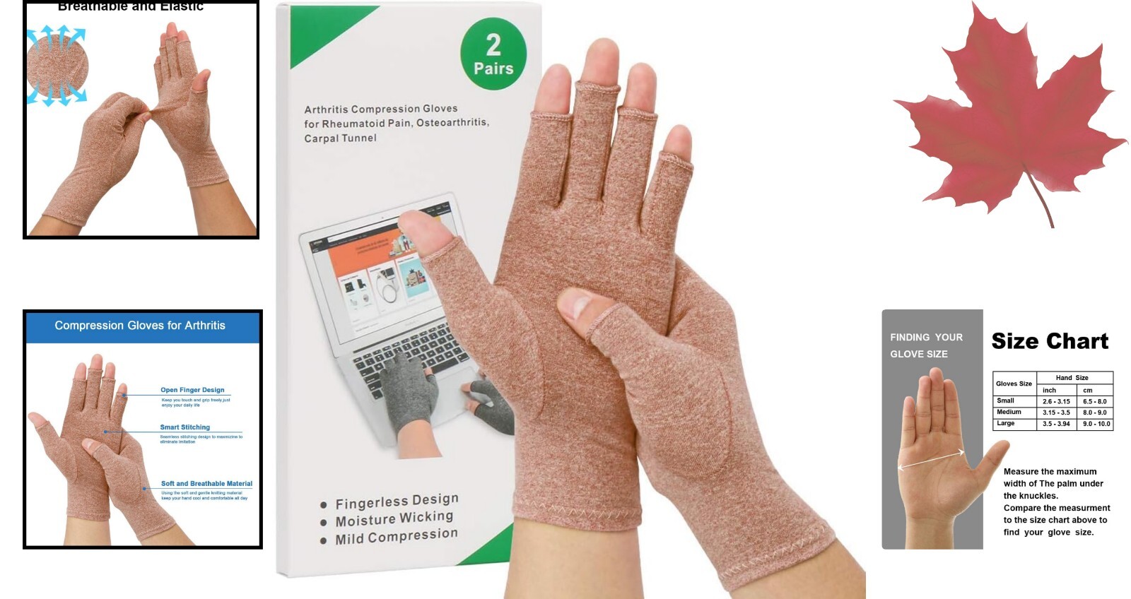 Arthritis Compression Gloves – Gentle Relief, Open Finger Design – 2 Pair Medium