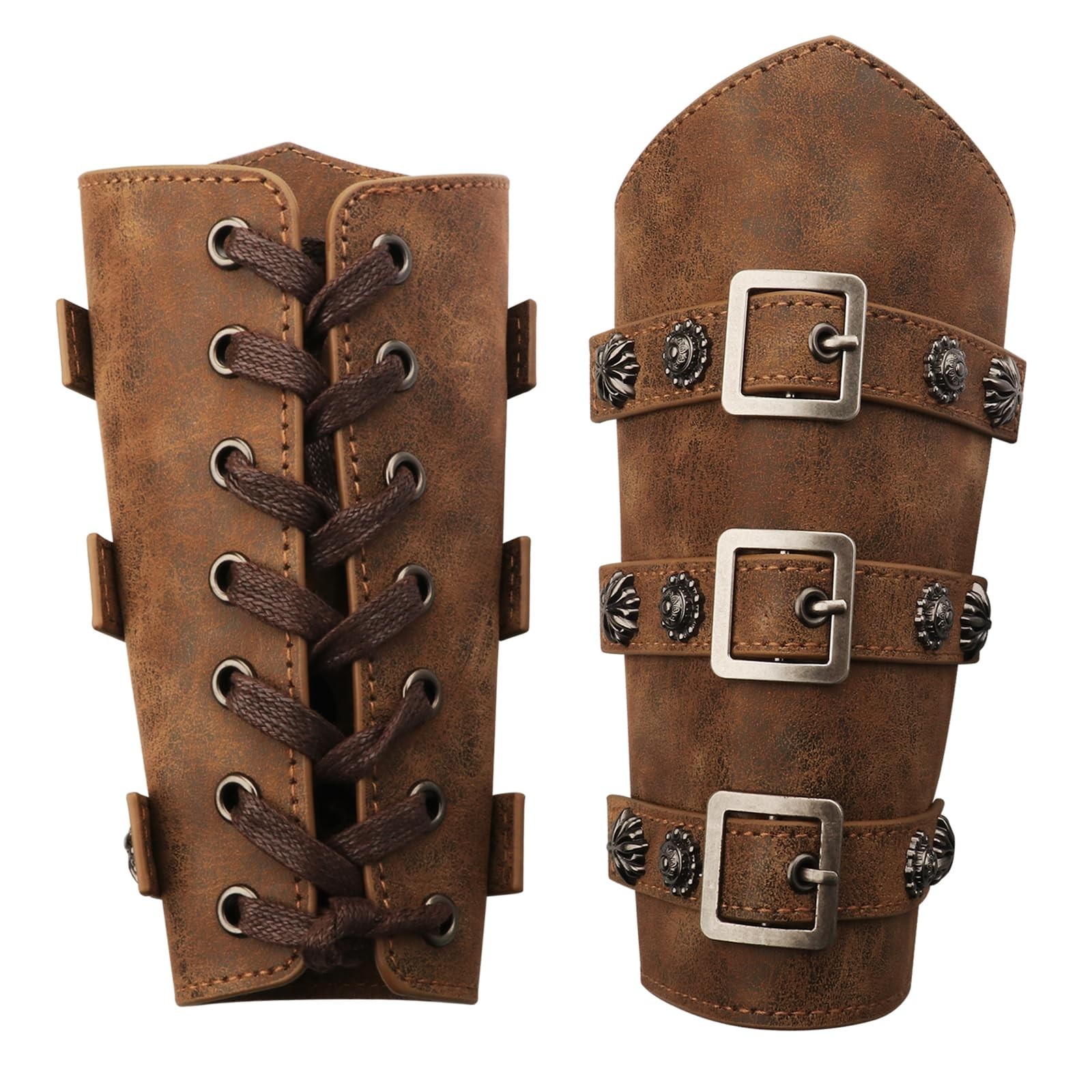 Medieval Leather Arm Bracer Gauntlet Wristband – Brown Buckle Cuffs for Costumes