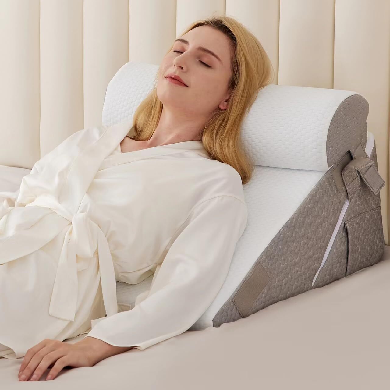 Bed Wedge Pillow for Sleeping 3Pcs, Adjustable Wedge+1 Pillow, White/Grey .