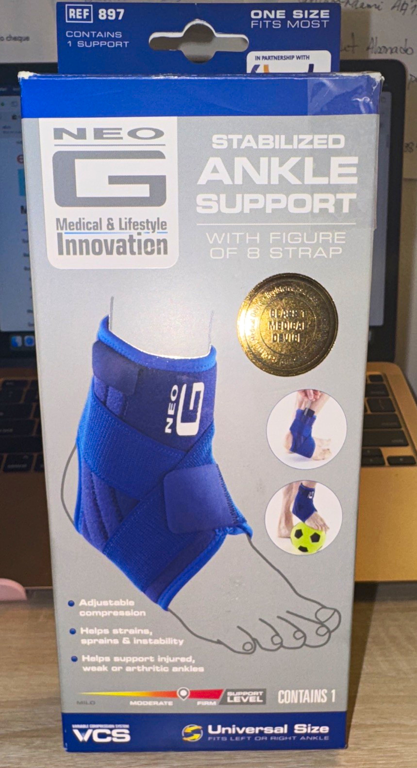 Neo G Ankle Brace Figure-8 Strap Adjustable Neoprene Blue Universal Size