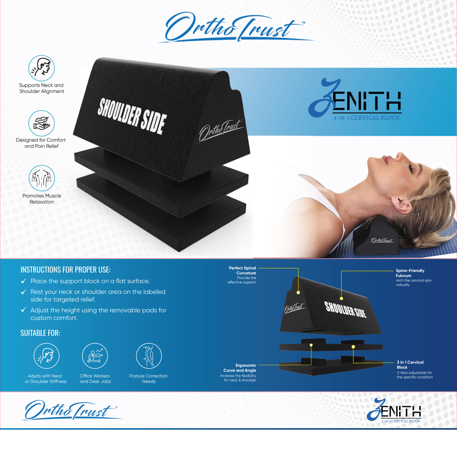 Cervical Orthotic – Zenith Adjustable Height 3-Levels-In-1  (Durable EVA Foam)
