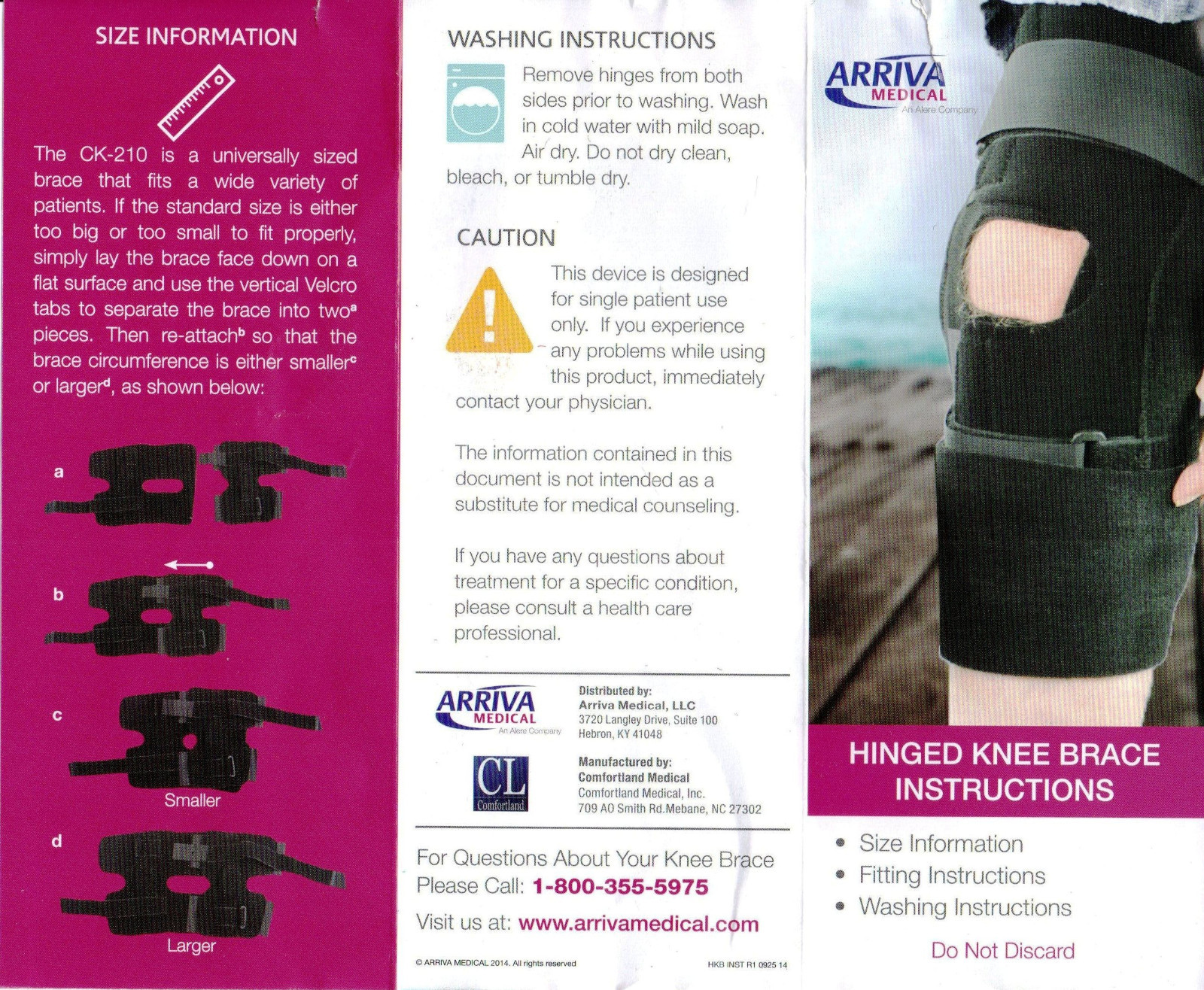 Comfortland, Arriva CK 210 Universal Size Hinged Knee Brace. New.