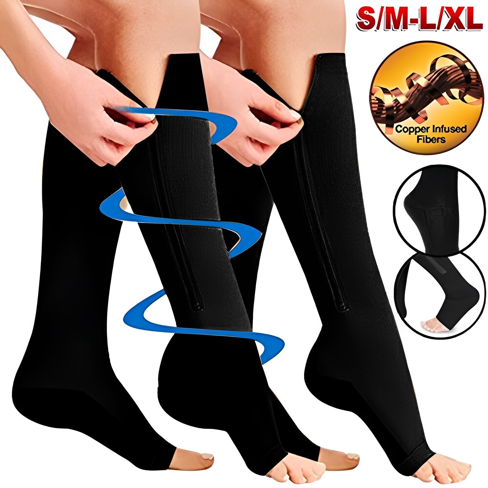 3-Pairs Zipper Compression Socks for Men/Women with Open Toe Knee High 20-30mmHg