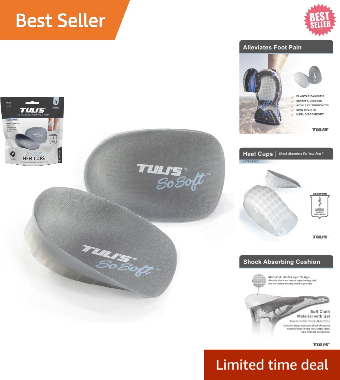 Plantar Fasciitis Relief with Tuli’s Soft Gel Heel Cups – 1 Pair, Regular Size