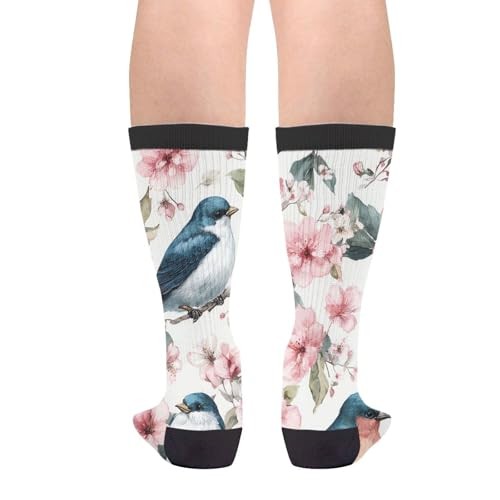 Rutuioy Men Women Funny Crazy Novelty Crew Tube Socks, Blue Bird Floral White