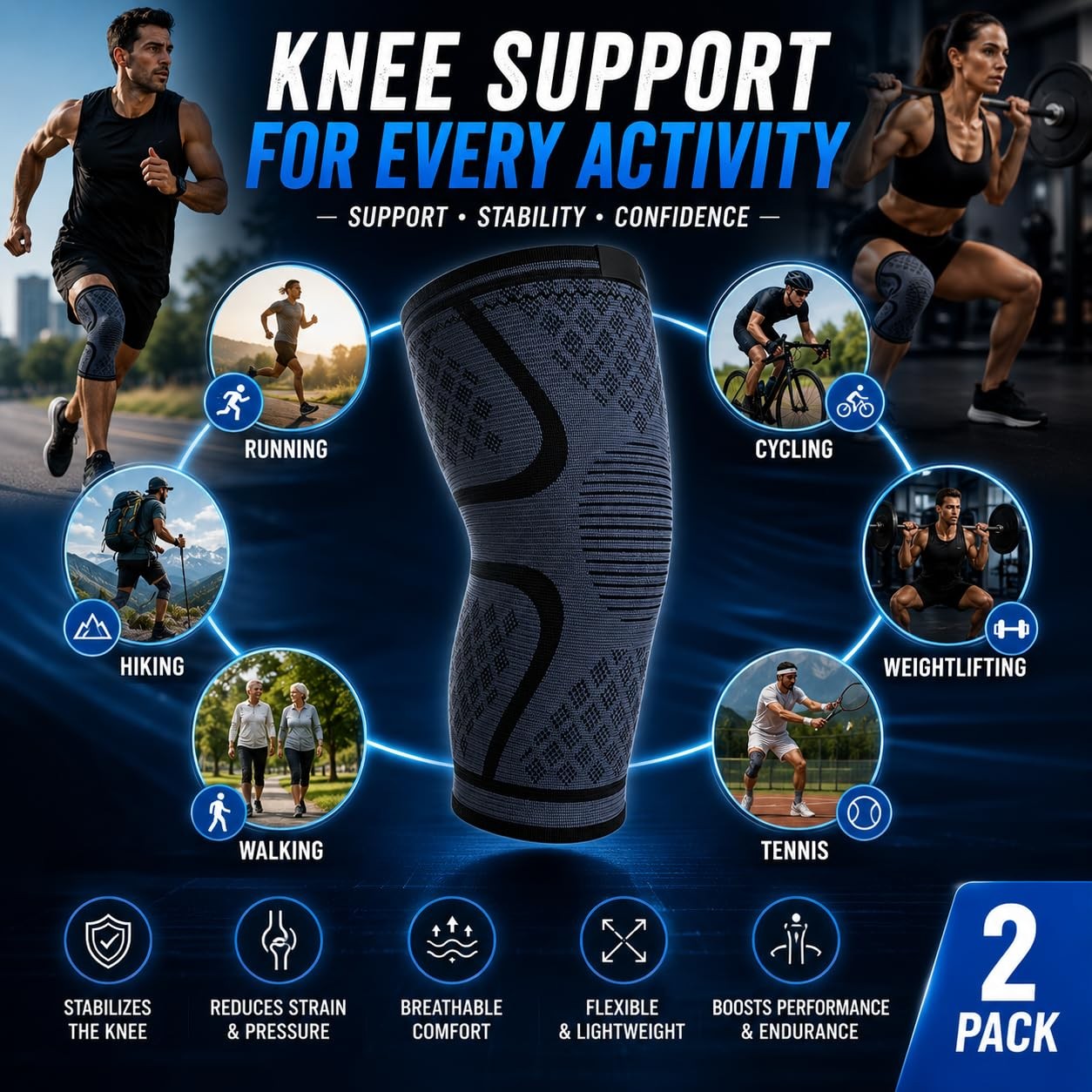 2 PCS Compression Knee Brace Support Sleeve For Joint Meniscus Arthritis
