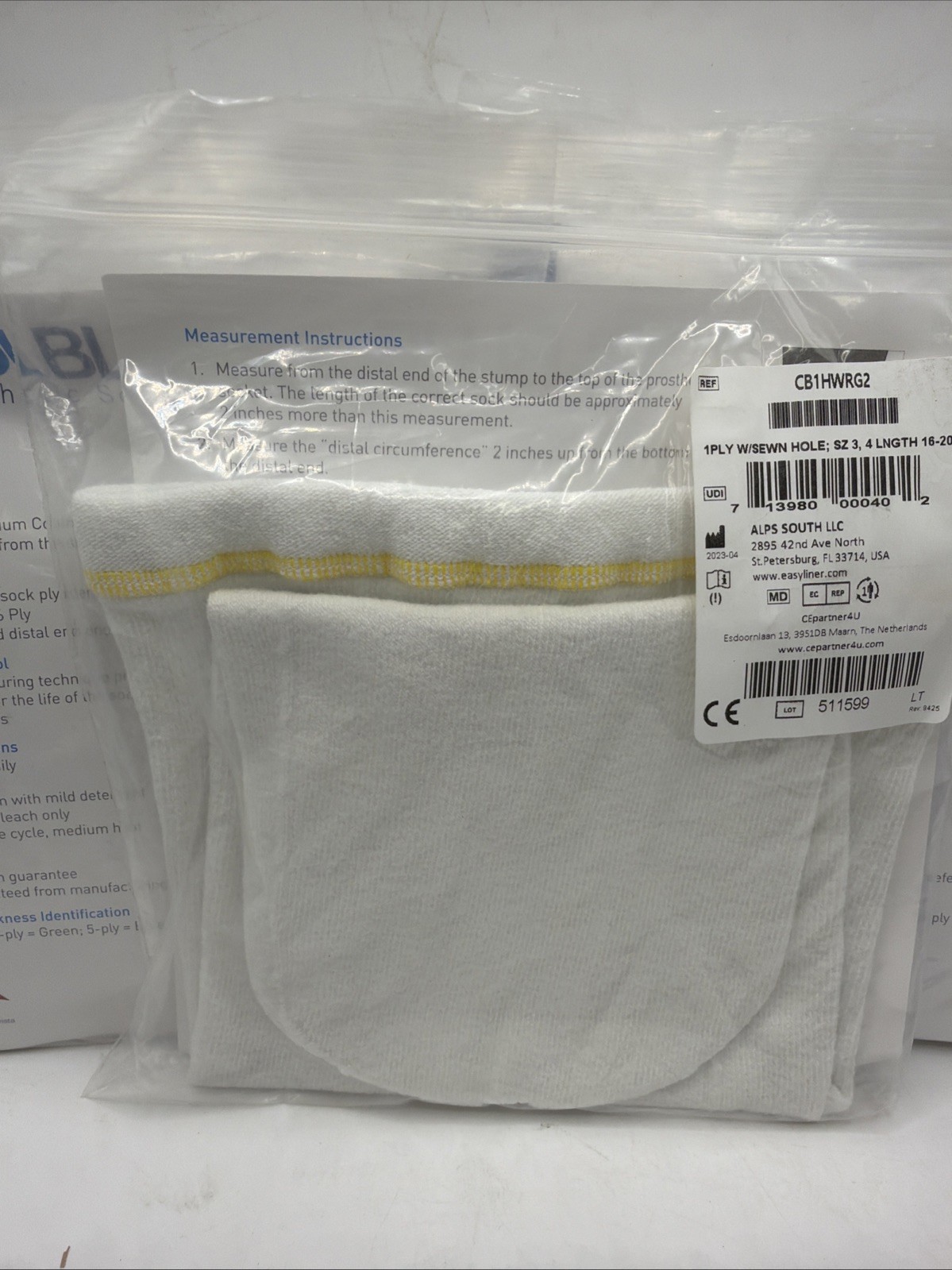 5 Packs Cool Blue 1Ply Prosthetic Sock Sewn Hole Size 3, 4 Length 16-20” NEW