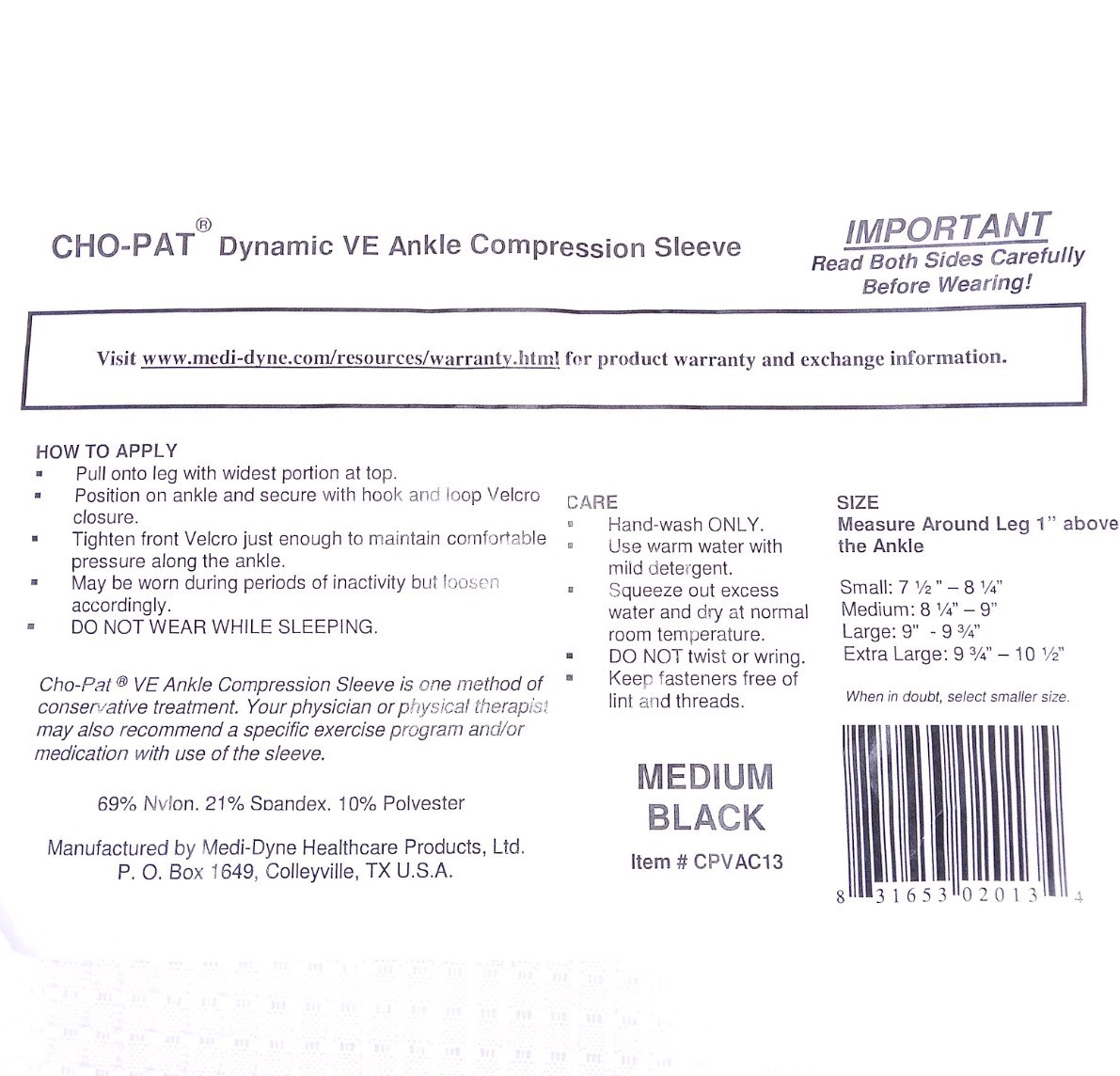 Cho-Pat Dynamic VE Ankle Compression Sleeve. Size Large 10.75-11.75