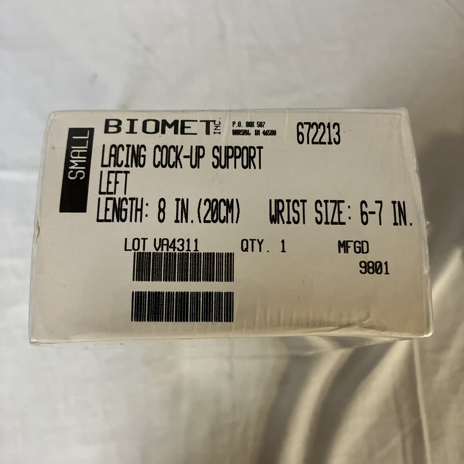 Biomet 8 in Lacing Cock-Up Wrist Support Brace Small Left New Sealed 672213 FS!