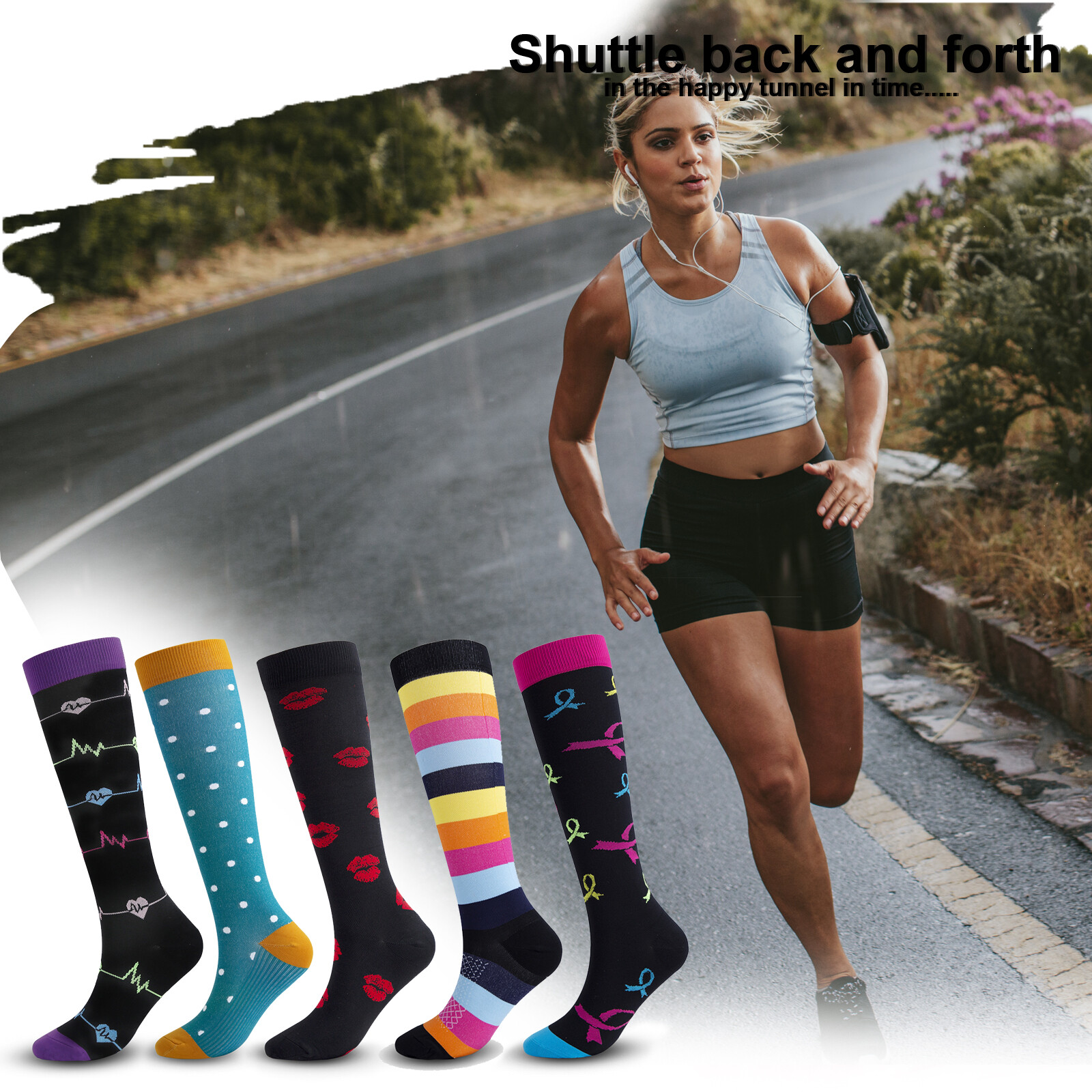 5 Pairs Women Compression Socks Creative Knee High Stockings Running 15-20 mmHg