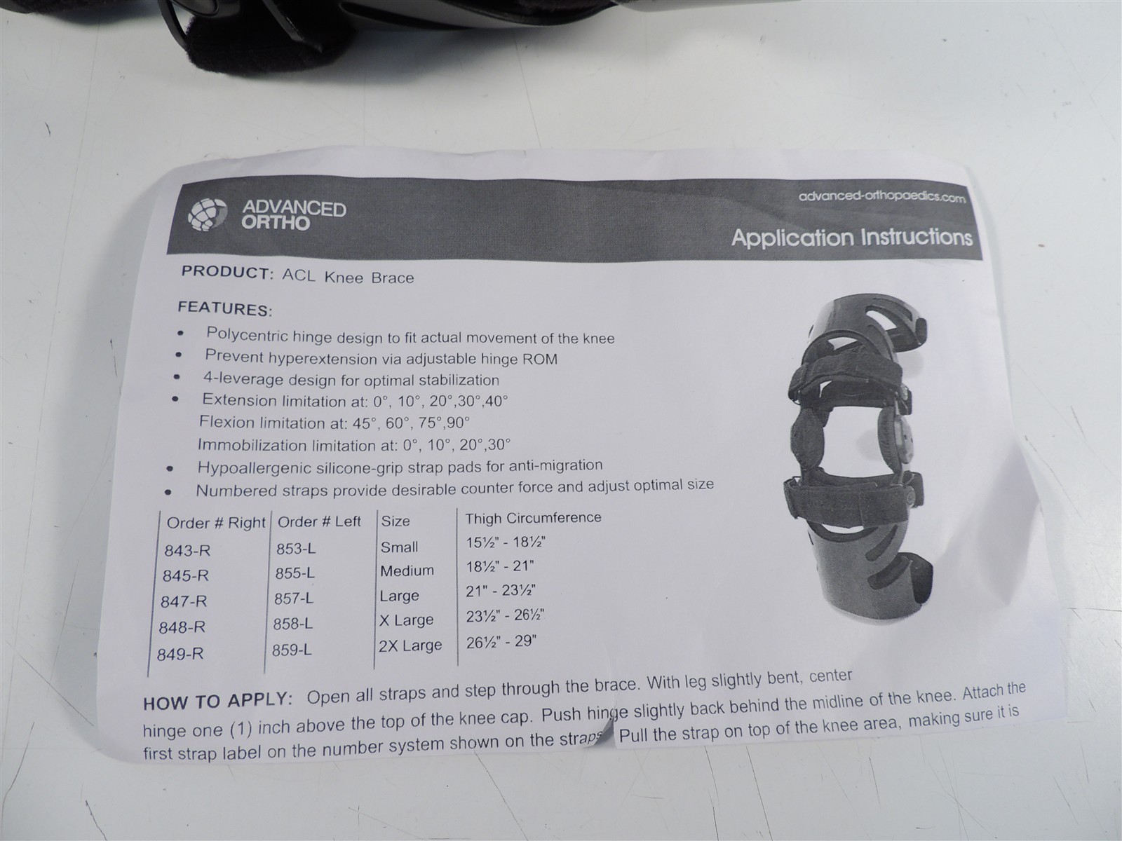 Advanced Ortho Hinged ROM Sports Knee Brace for ACL Large Right 847-R New