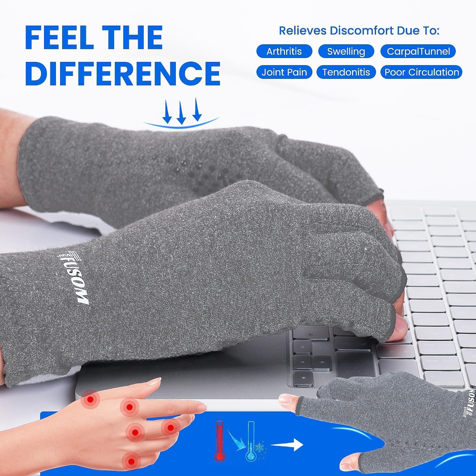 Arthritis Compression Gloves Fingerless, Pain Relief, Anti-Slip, Light Gray, M
