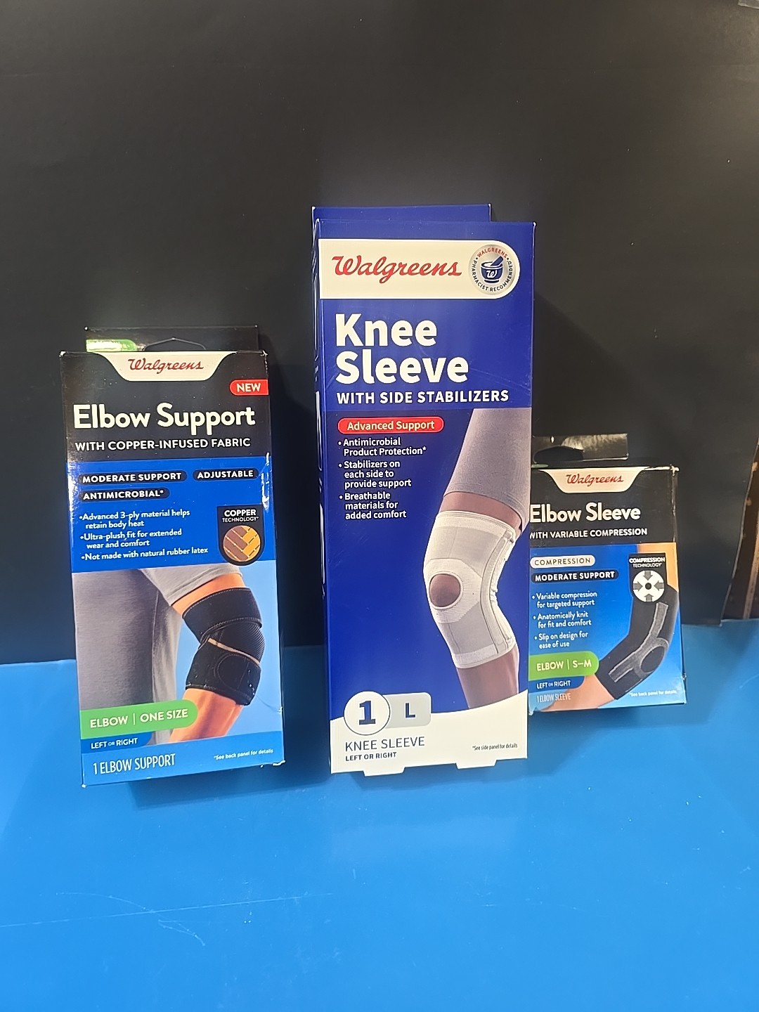 Lot of 3pcs–Elbow Support/Sleeve (2) + (1) Knee Sleeve W/Stabilizers Unopen Pack