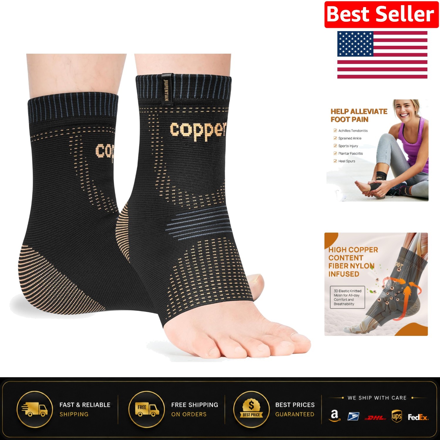 Breathable Copper Ankle Support Brace – 2 Pack for Achilles Tendonitis Relief