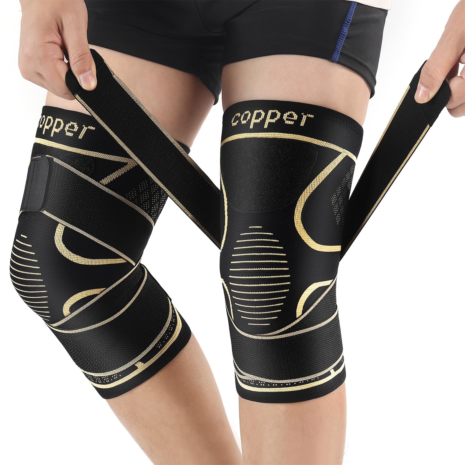 Copper Knee Braces with Strap for Pain Women and X-Large, Black+Copper