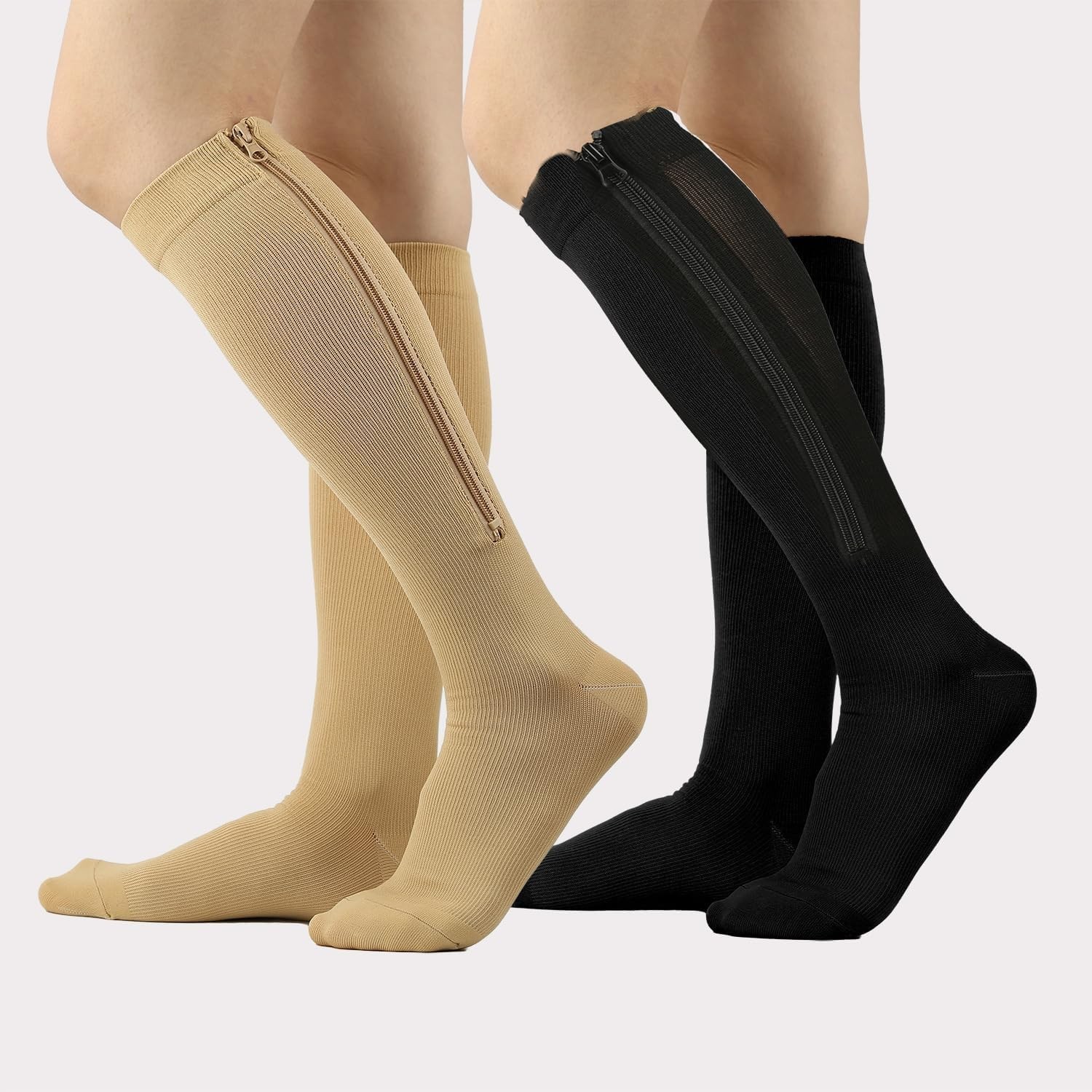 Zippered 15-20mmHg Compression Stockings for Everyday Use and Outdoor Activities
