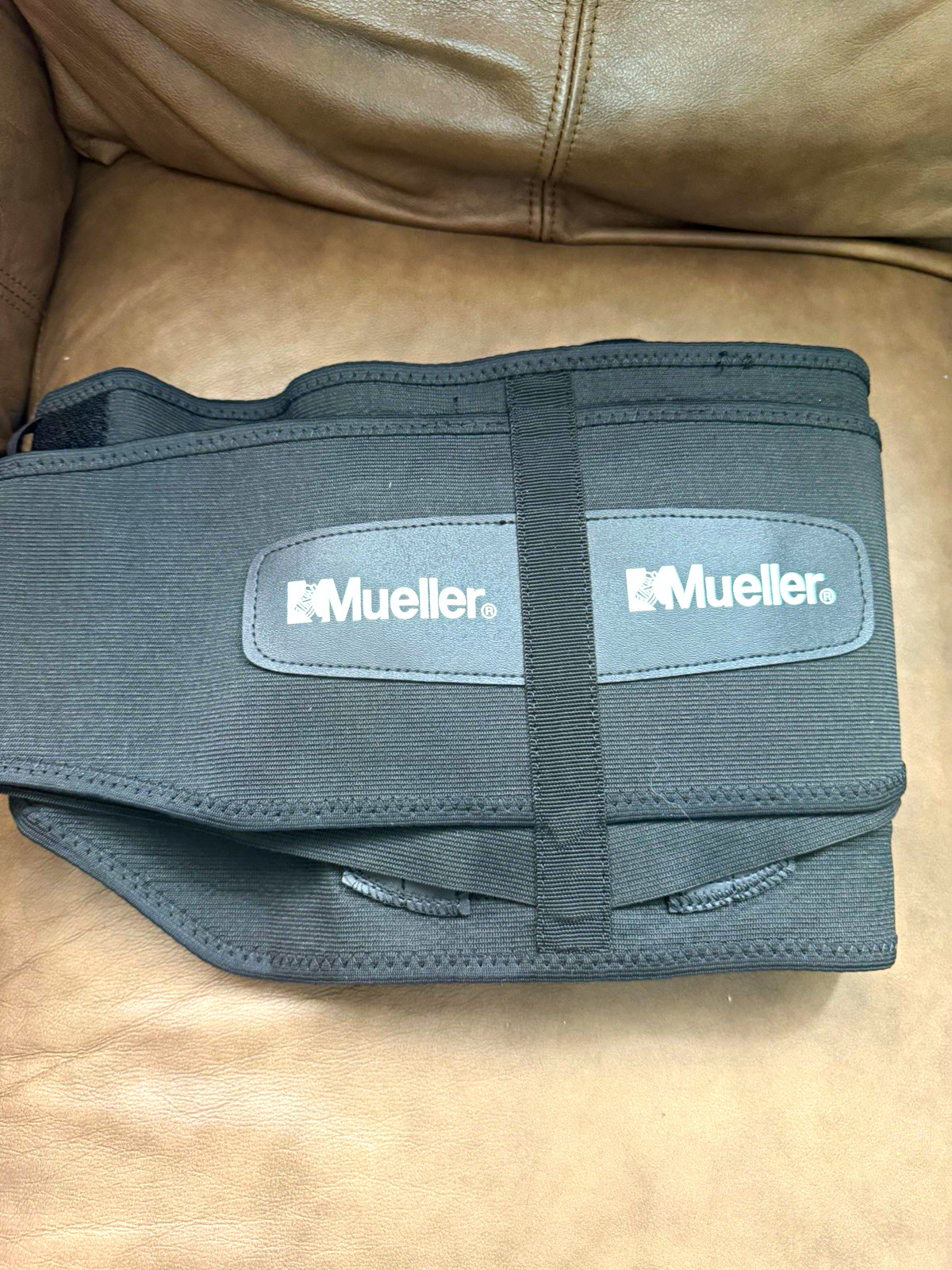 Mueller Adjustable Back Support Belt Brace One Size Black/Gray Blue Strap