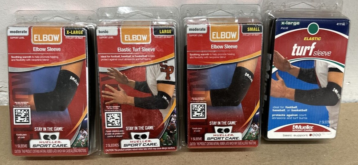 (4) Mueller Sport Care Elastic Elbow & Turf Sleeves, Small, Large & XL