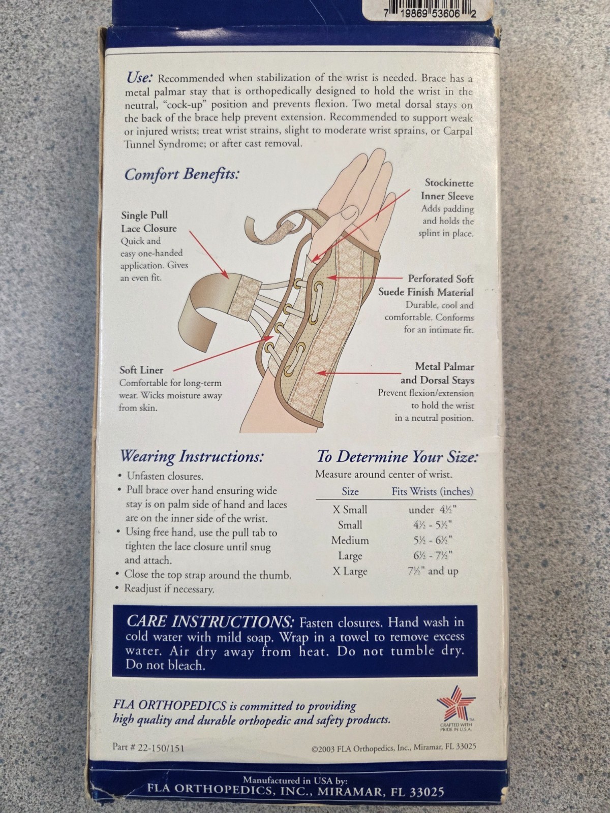 FLA Orthopedics Small Soft Fit Suede Finish Beige Wrist Brace Left Hand