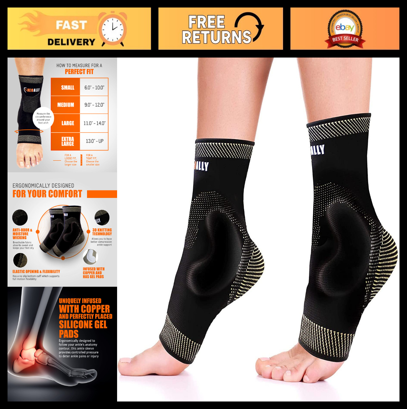Copper Ankle Brace Compression Sleeve with Gel Pads for Foot Pain & Sprains, Med