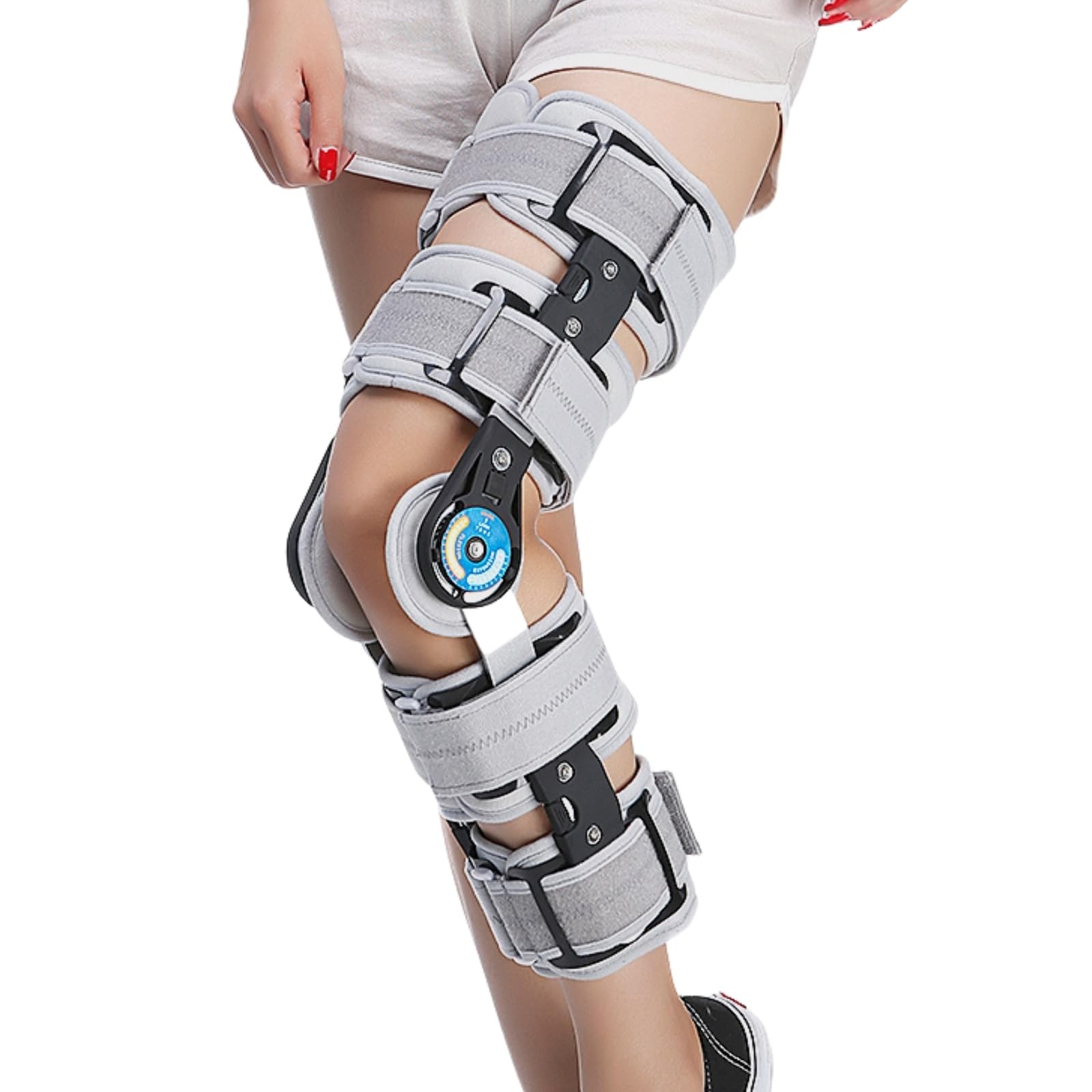 Hinged ROM Knee Brace with Side Stabilizers, Adjustable Post Op Knee Immobili…