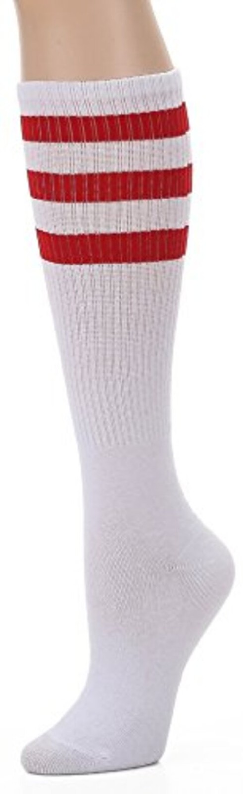 Knee High Tube Socks: Over the Calf Retro Striped Socks for One Size White/Red