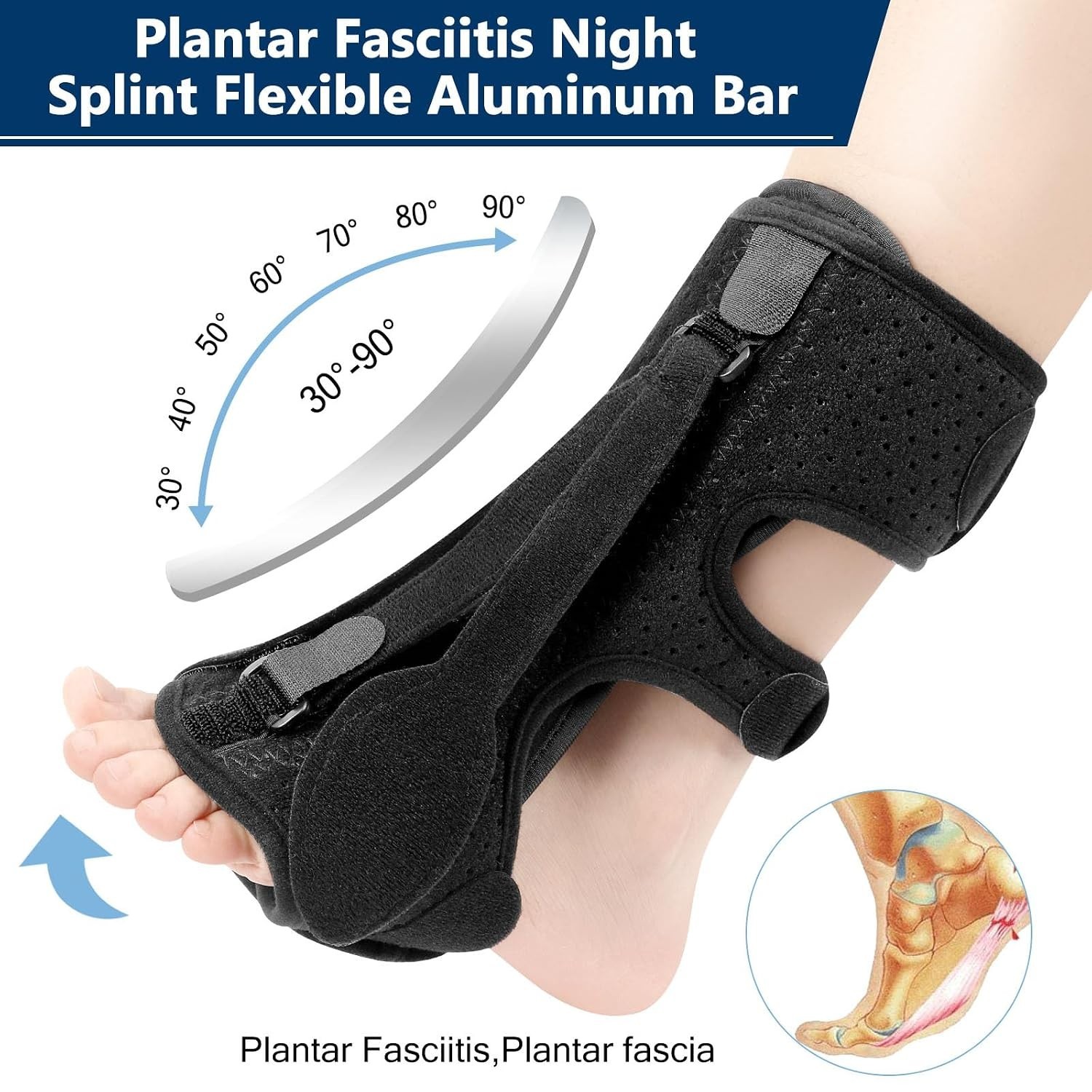 Plantar Fasciitis Night Splint – 3 Adjustable Straps for Pain Relief, Black