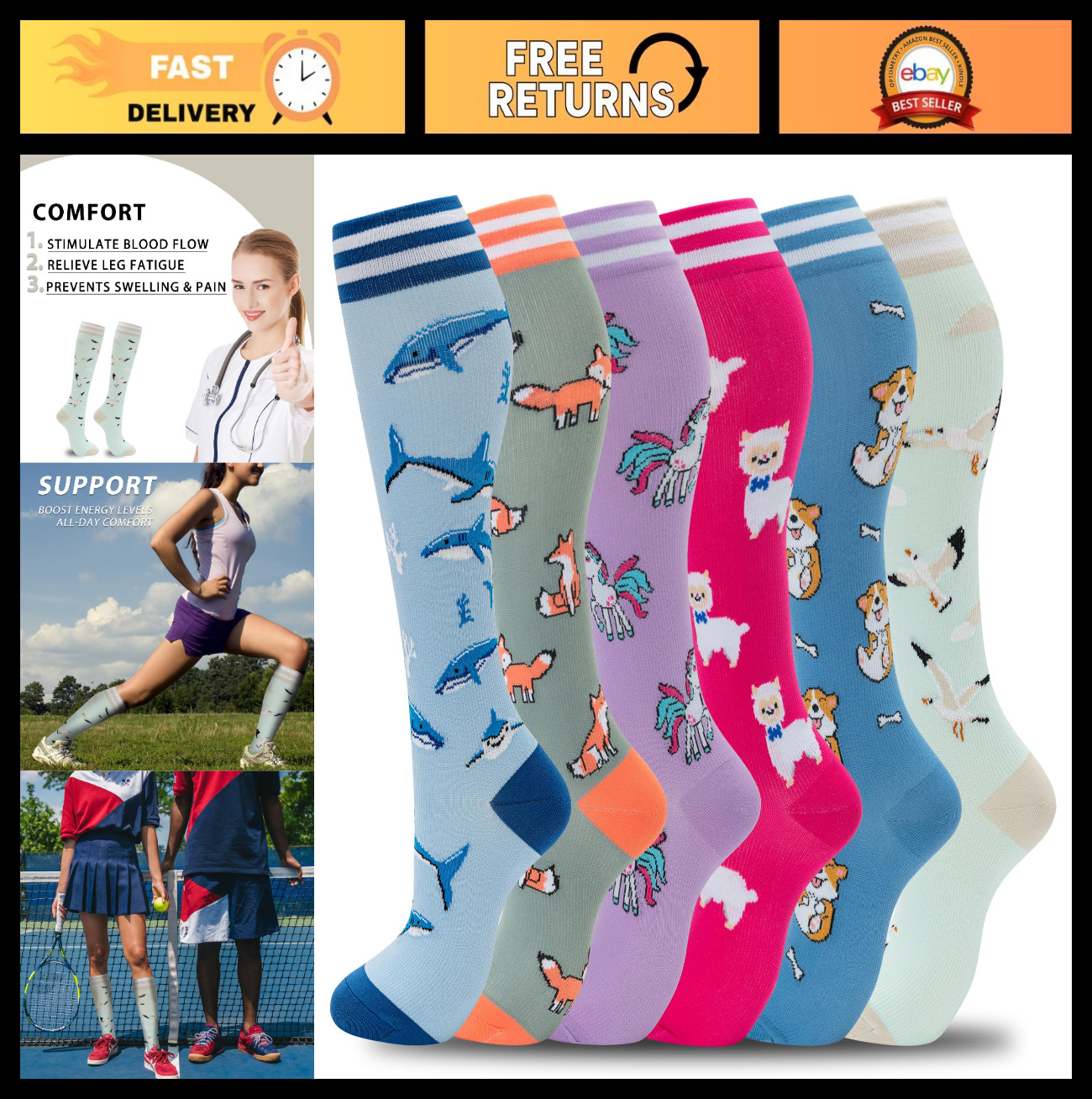 Knee High Compression Socks for Men & Women – 6 Pairs, Best Support for Running,