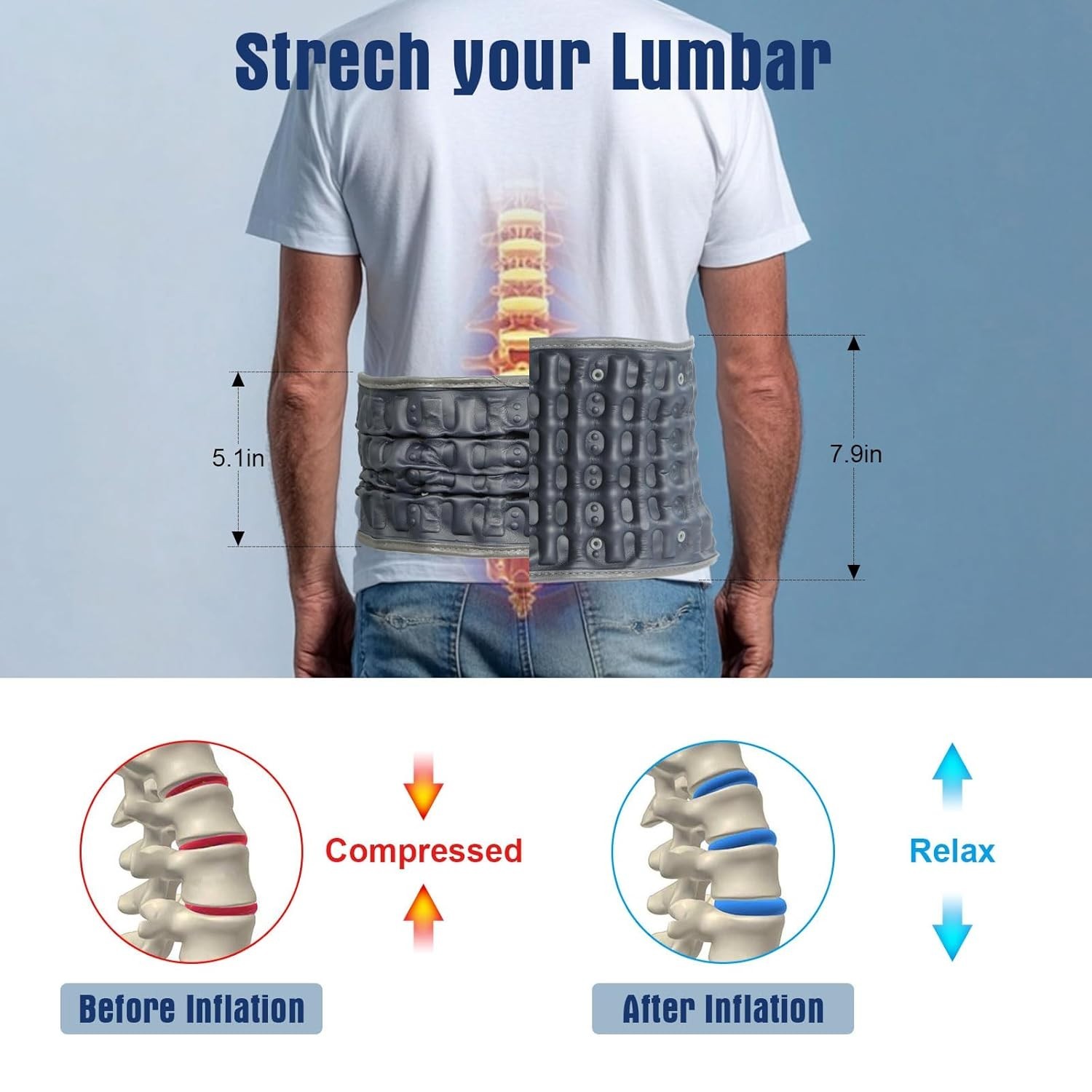 Inflatable Decompression Back Belt, Red Light Heated Lumbar Support, 6 Heat/T…