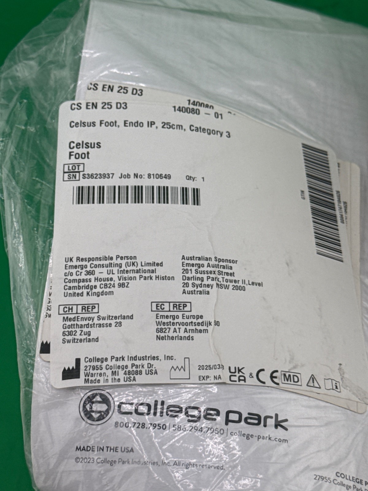 college park Collegepark celsus prosthetic foot Size 26 Category 3, left, new